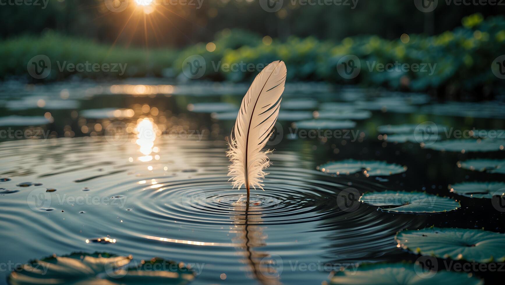 Floating Feather Creates Ripples on Pond Surface at Golden Hour photo