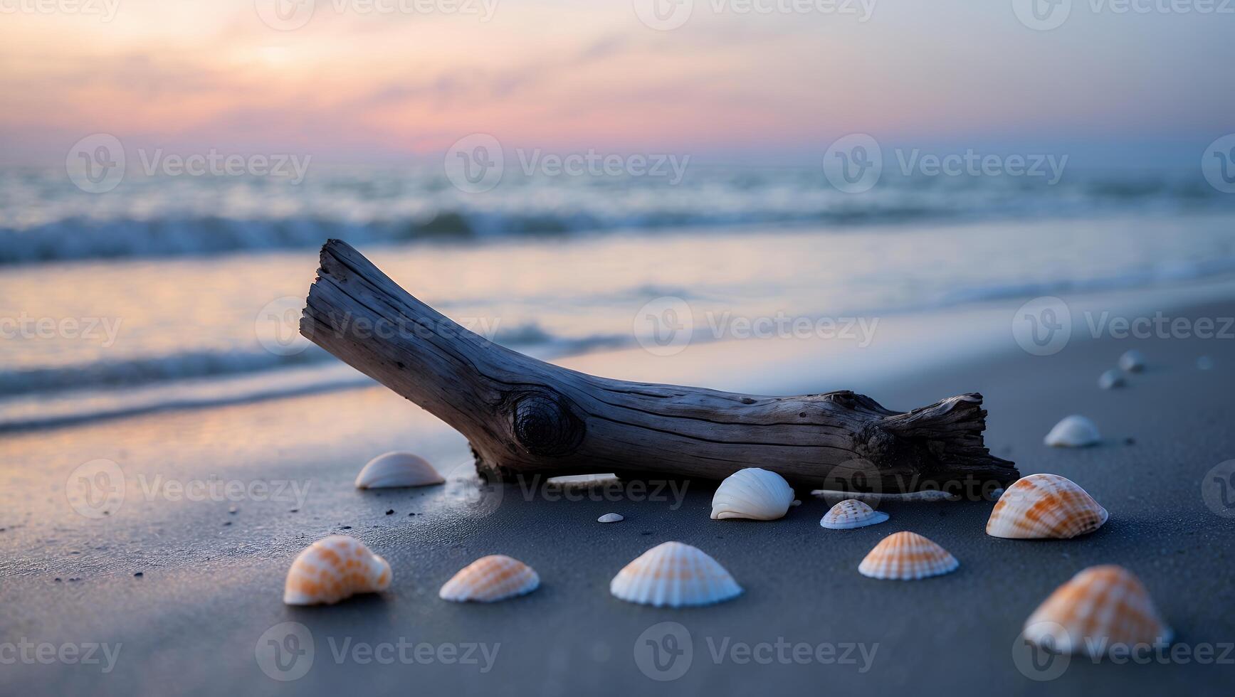 Driftwood and Seashells on Sandy Beach at Sunset in Coastal Setting photo