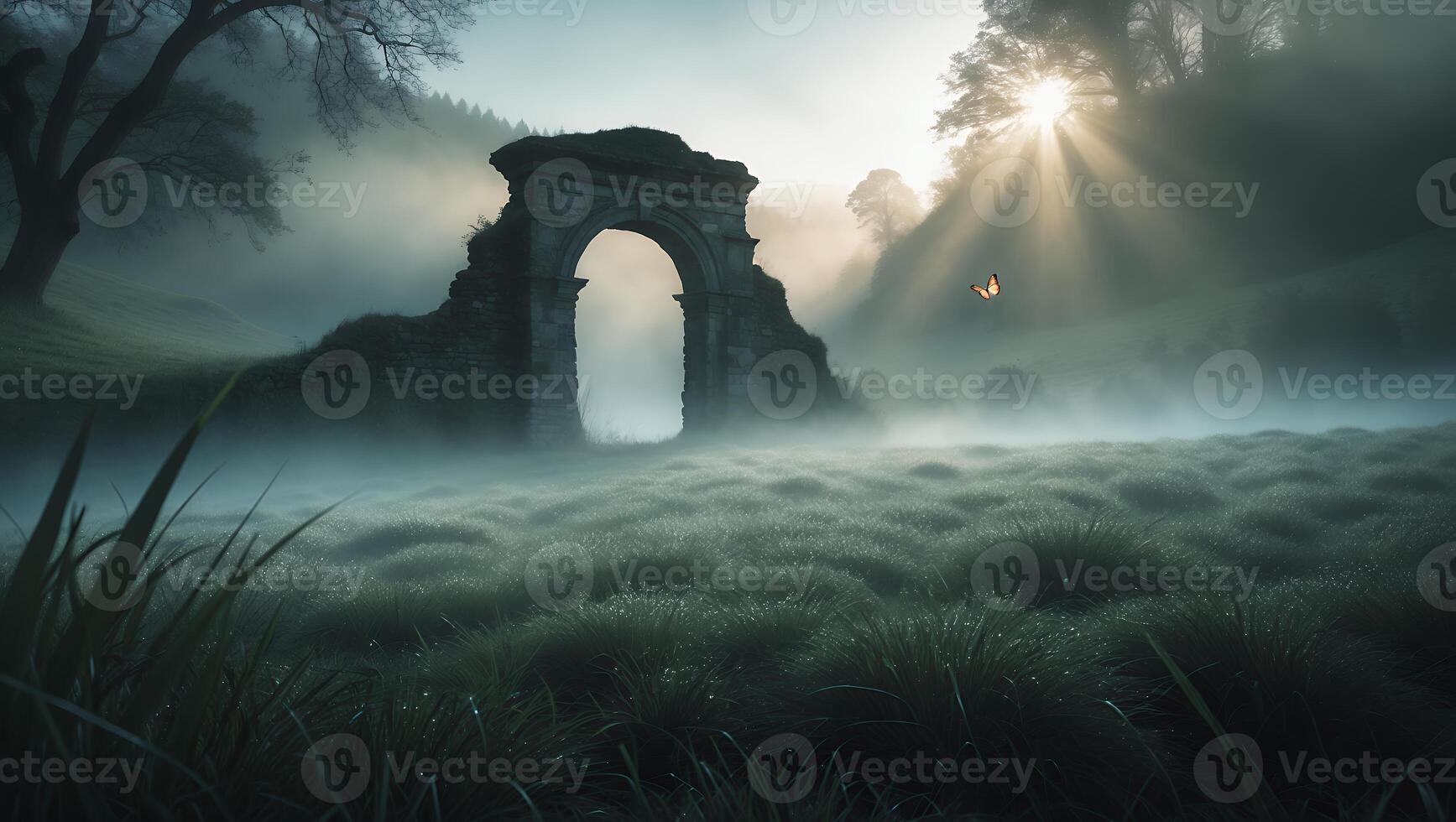 Exploring Misty Field with Stone Archway and Butterfly in Sunlight photo