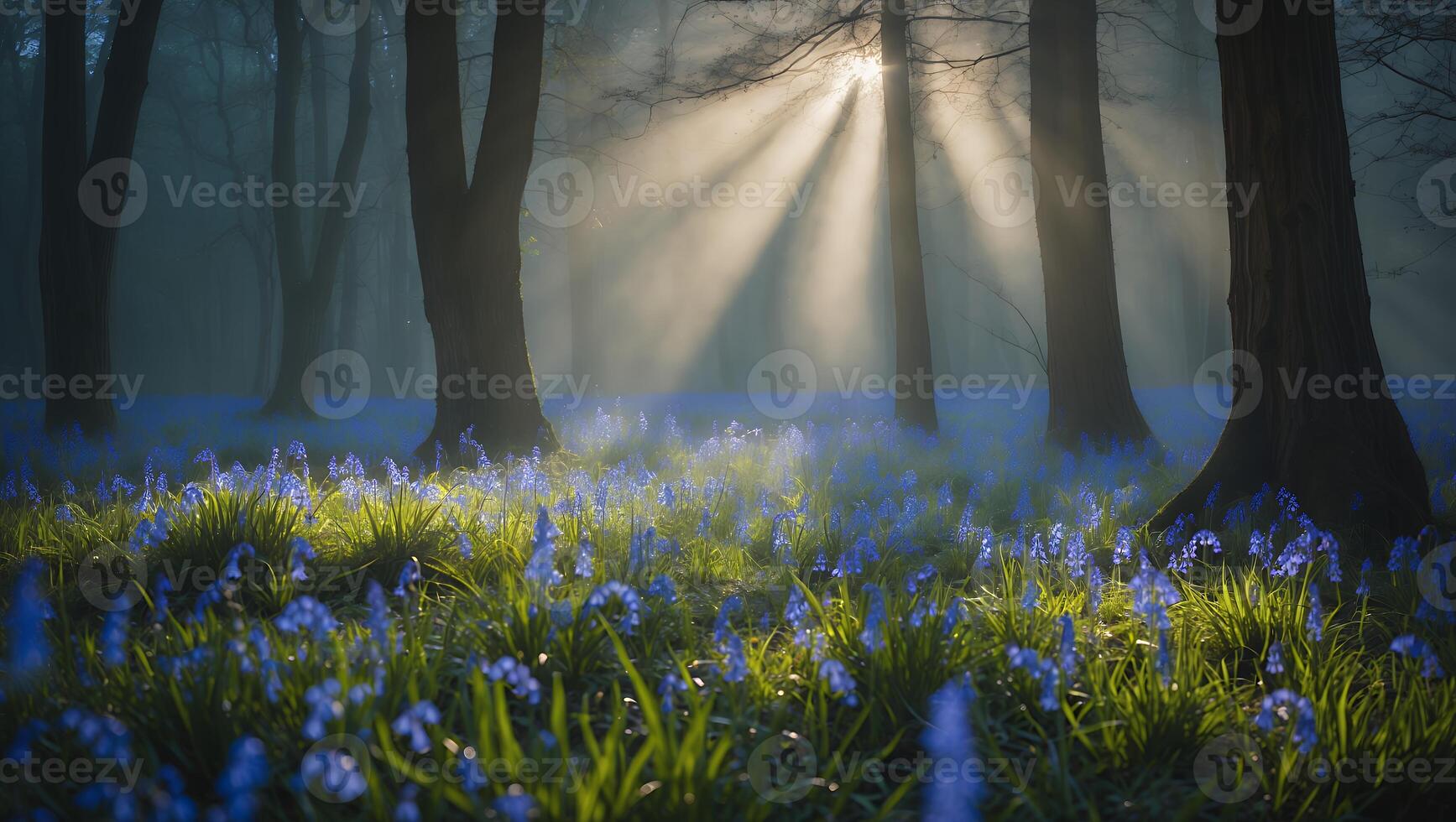 Sun Rays Through Forest Trees Illuminating Bluebell Flower Meadow photo
