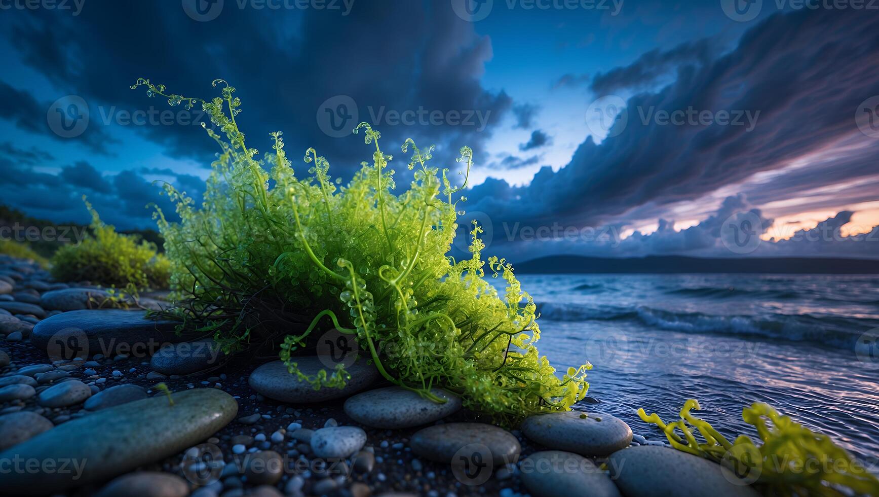 Bright Green Plant on Rocky Beach Against Dramatic Cloudy Sunset Sky photo