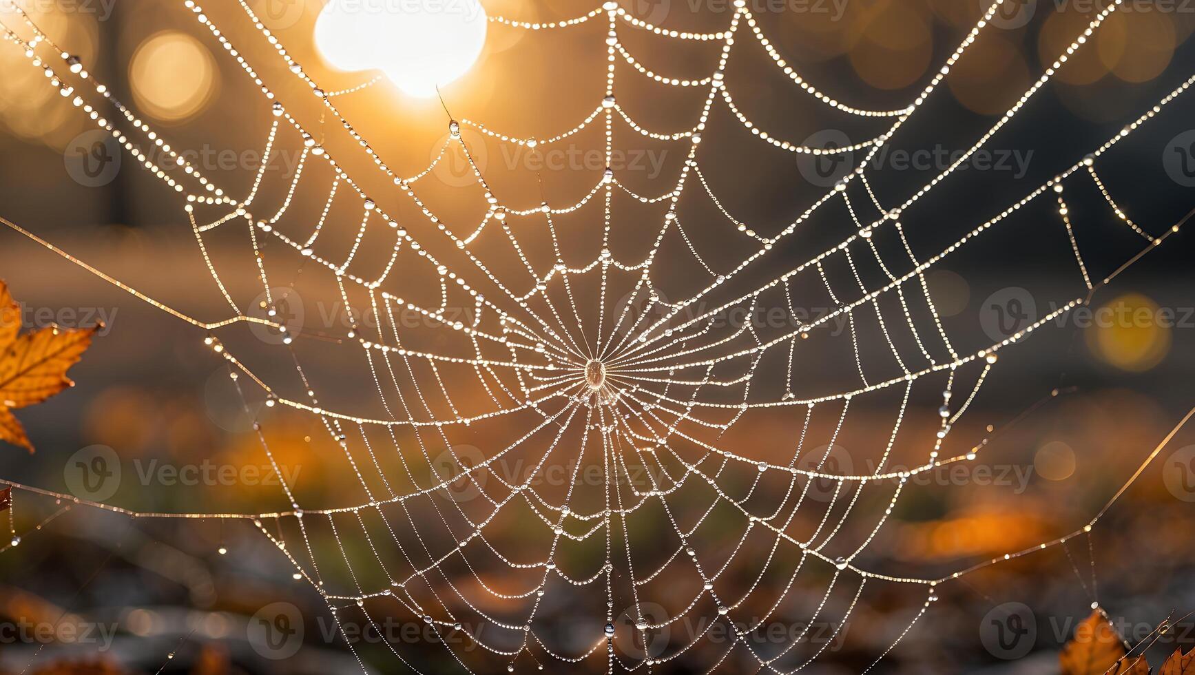 Spiderweb with Dew Drops Sparkling in Morning Light Autumn Scene photo