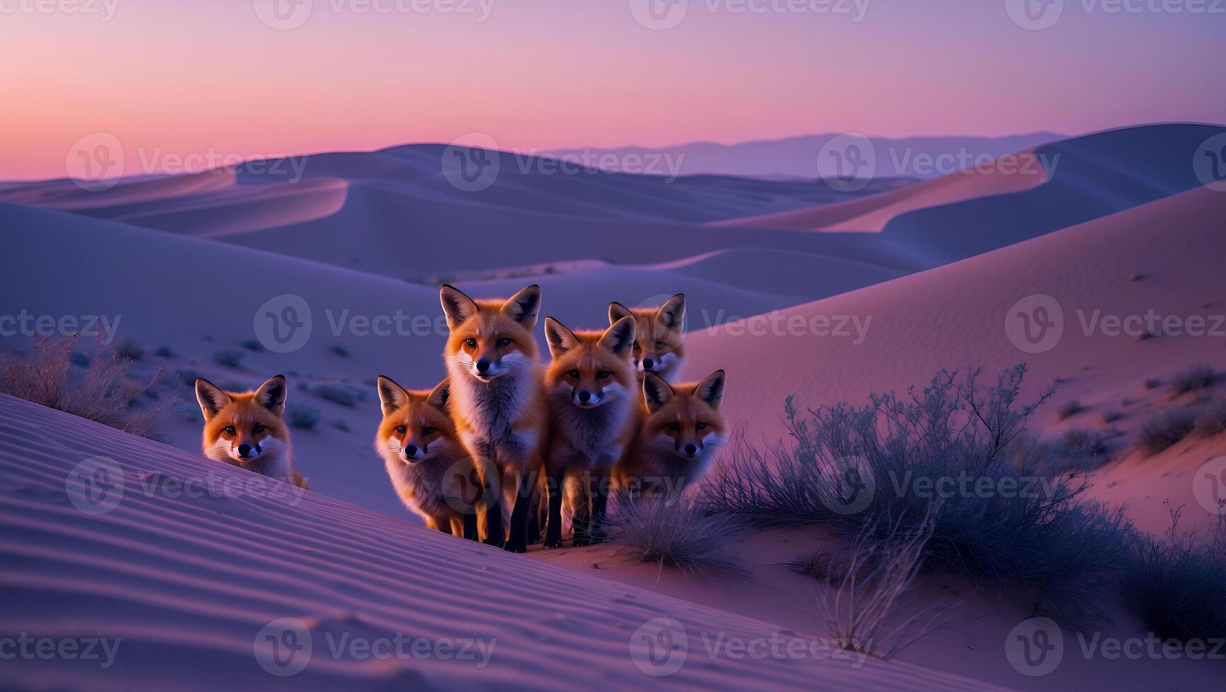 Foxes Gathering on Sand Dunes at Dusk in Desert Landscape photo