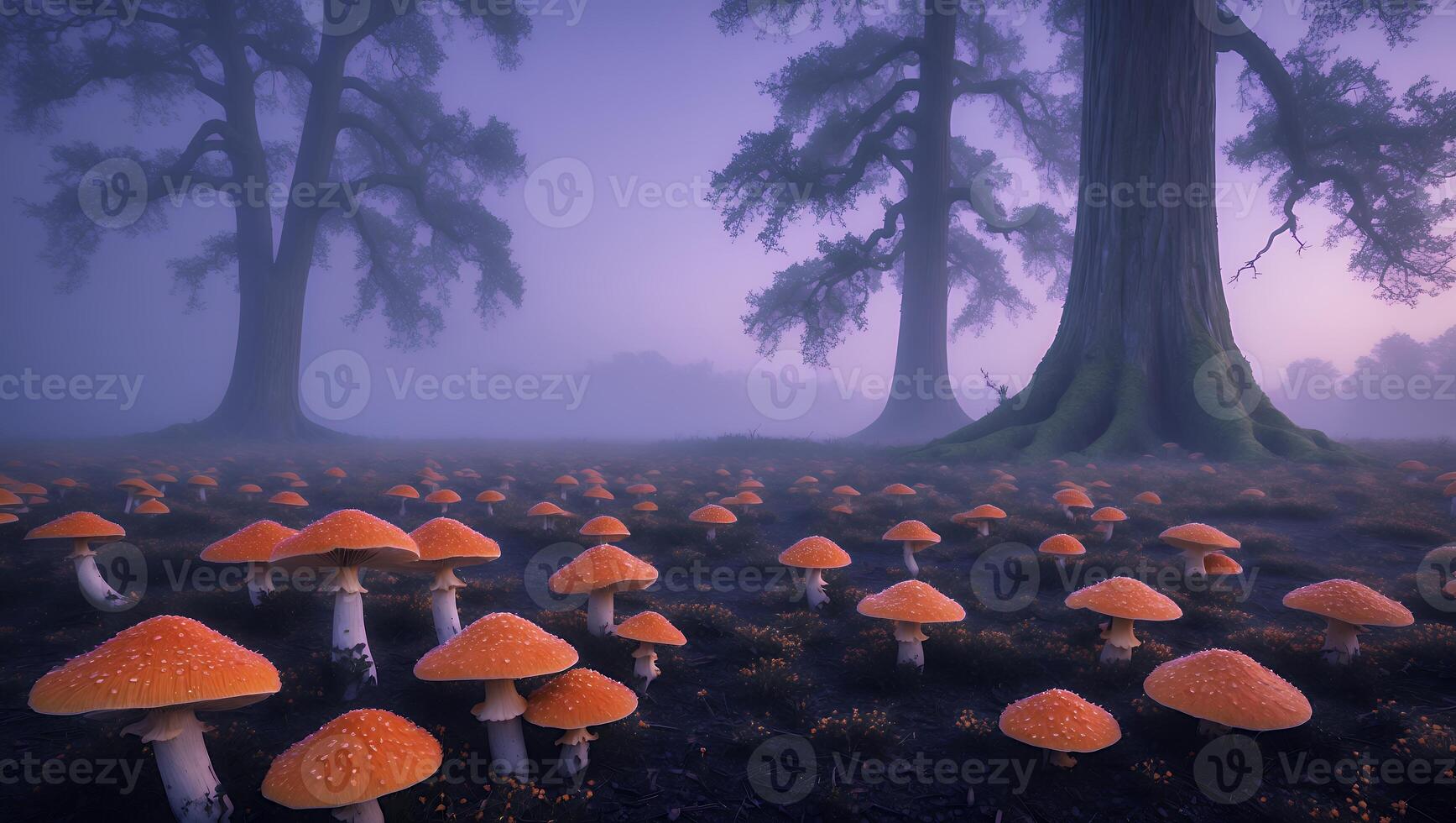 Field of Mushrooms with Tall Trees in Dreamy, Foggy Landscape photo