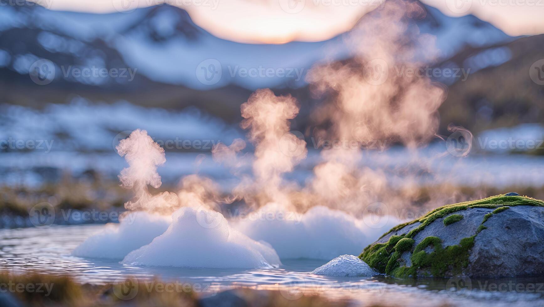 Geothermal Hot Spring with Steam Rising Against Mountain Landscape photo