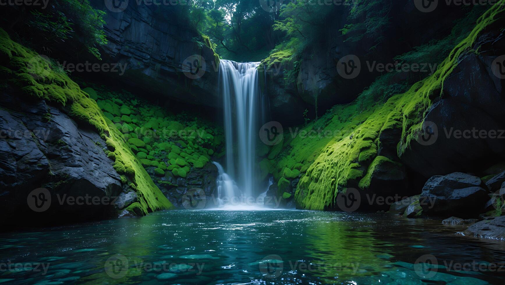 Waterfall Flowing Into Clear Pool with Green Mossy Rocks Surround photo