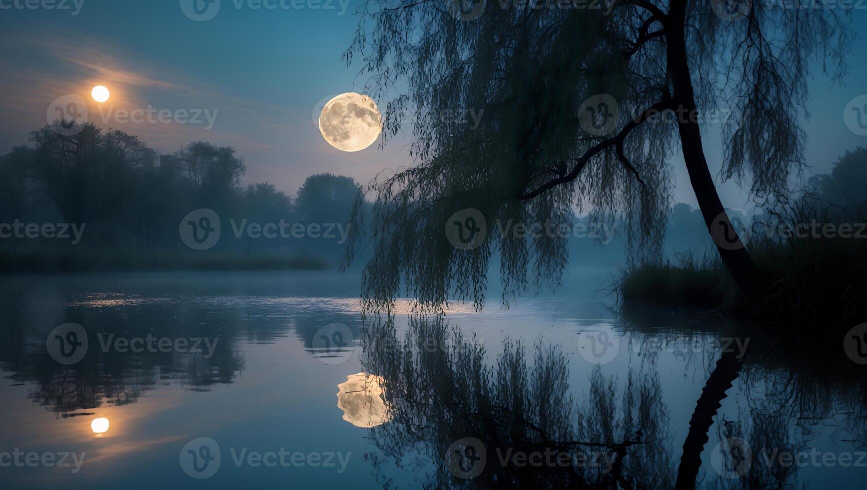 Lake Reflecting Moon Under Misty Sky with Overhanging Weeping Willow photo
