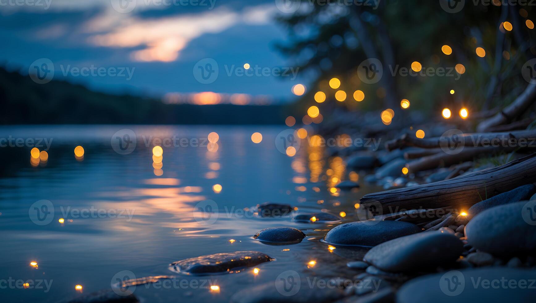 Tranquil Evening Lake with Rocks and Sparkling Lights Reflection photo