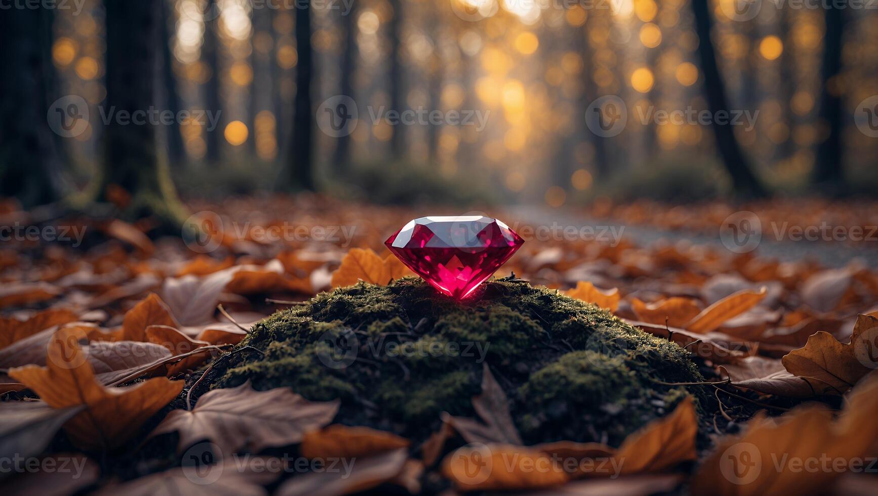 Gemstone on Moss in Autumn Forest with Falling Leaves photo