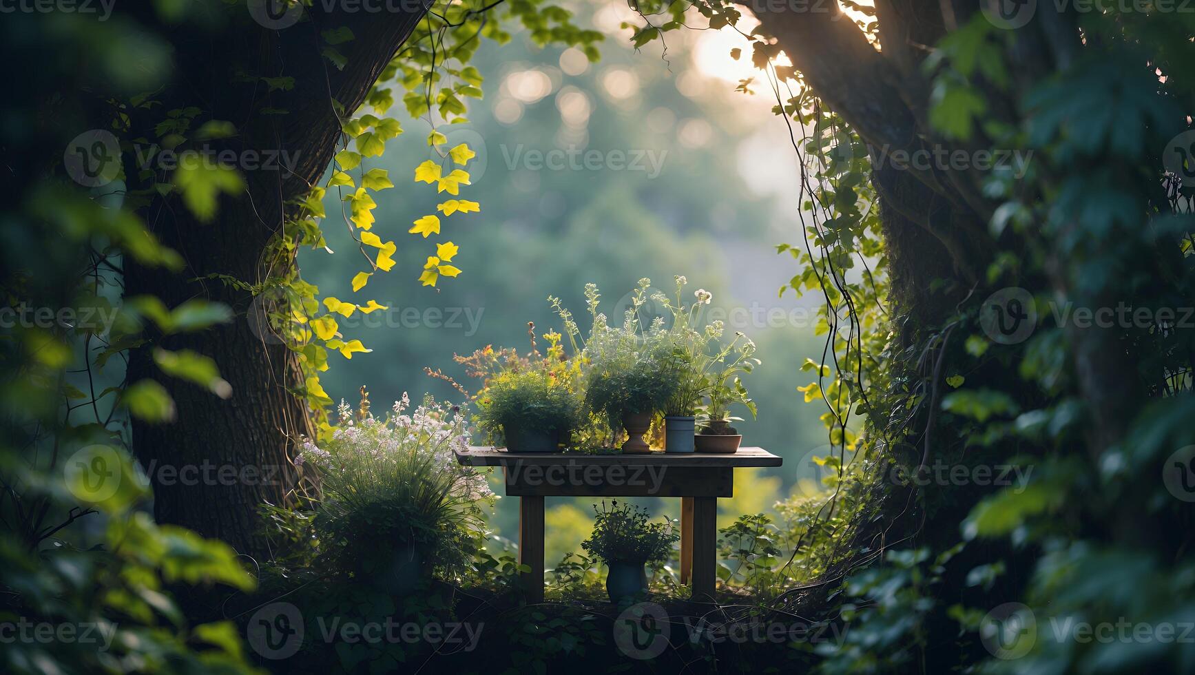 Plants Arranged on Table in Lush Green Garden Setting at Sunset photo