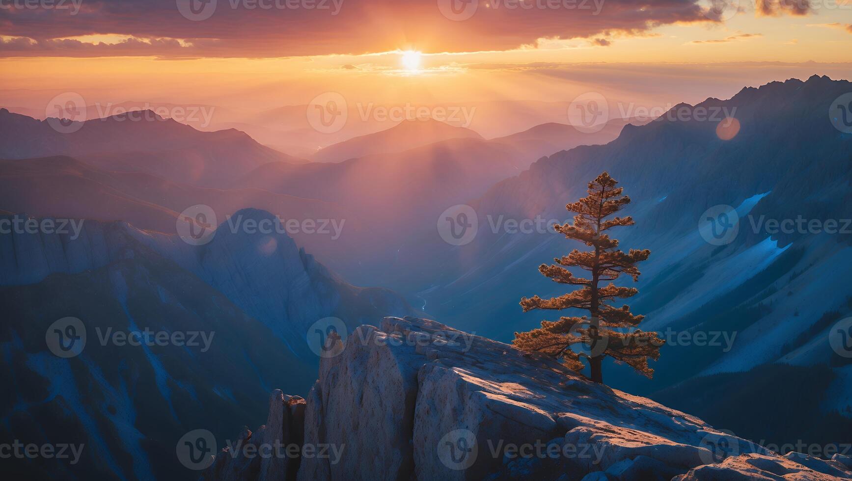 Lone Tree Stands Silhouetted at Sunset Overlooking Vast Mountain Range photo