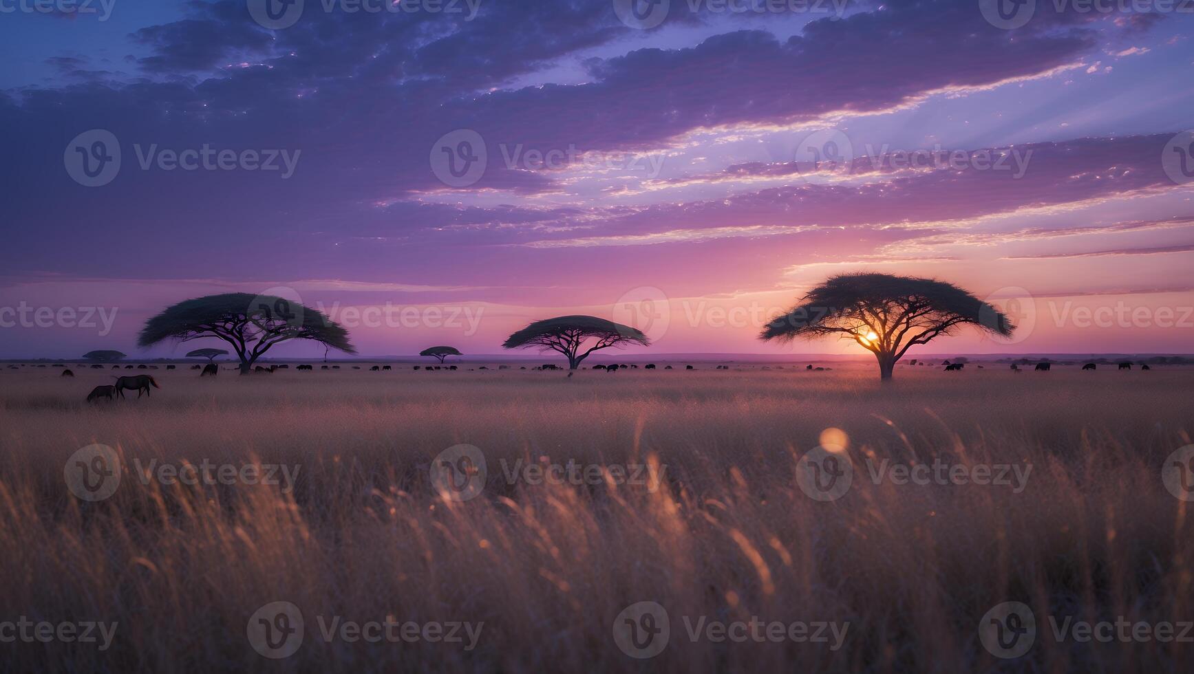 African Savannah Landscape with Acacia Trees and Dramatic Sunset Sky photo