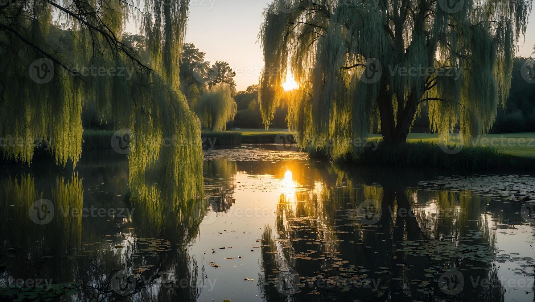 Willow Trees Reflecting in Pond at Sunset Creating Golden Light photo