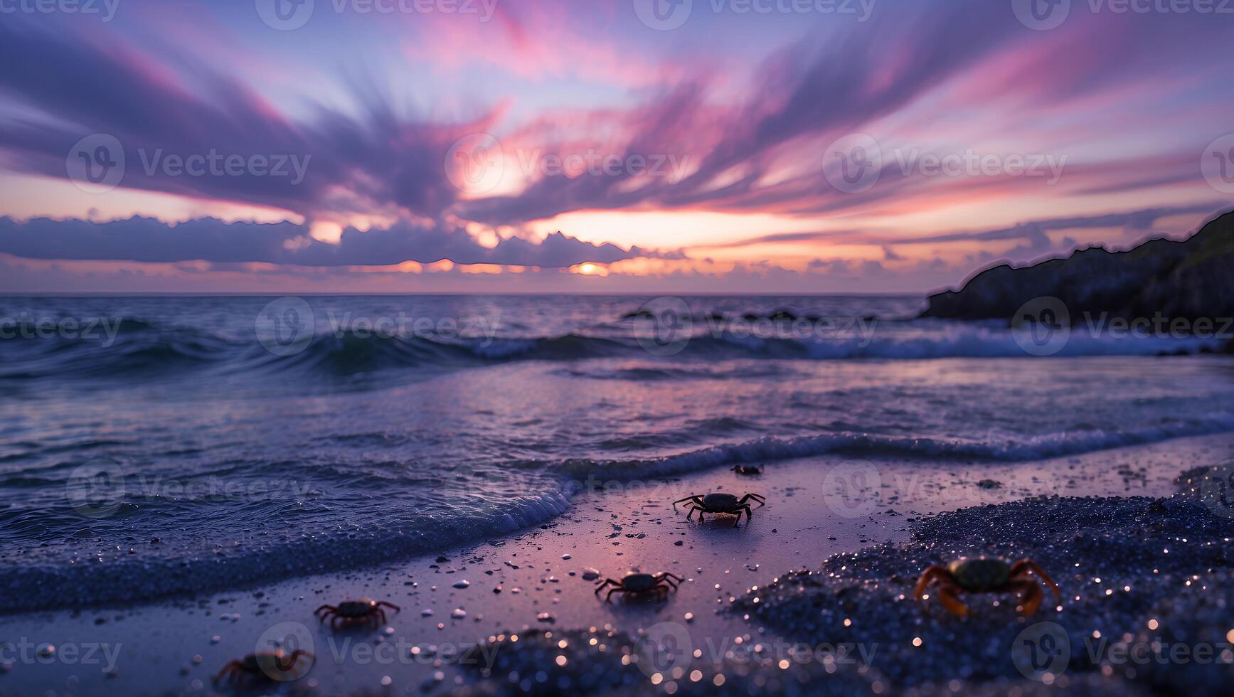 Crabs Walking on Sandy Beach During Colorful Sunset Over the Ocean photo