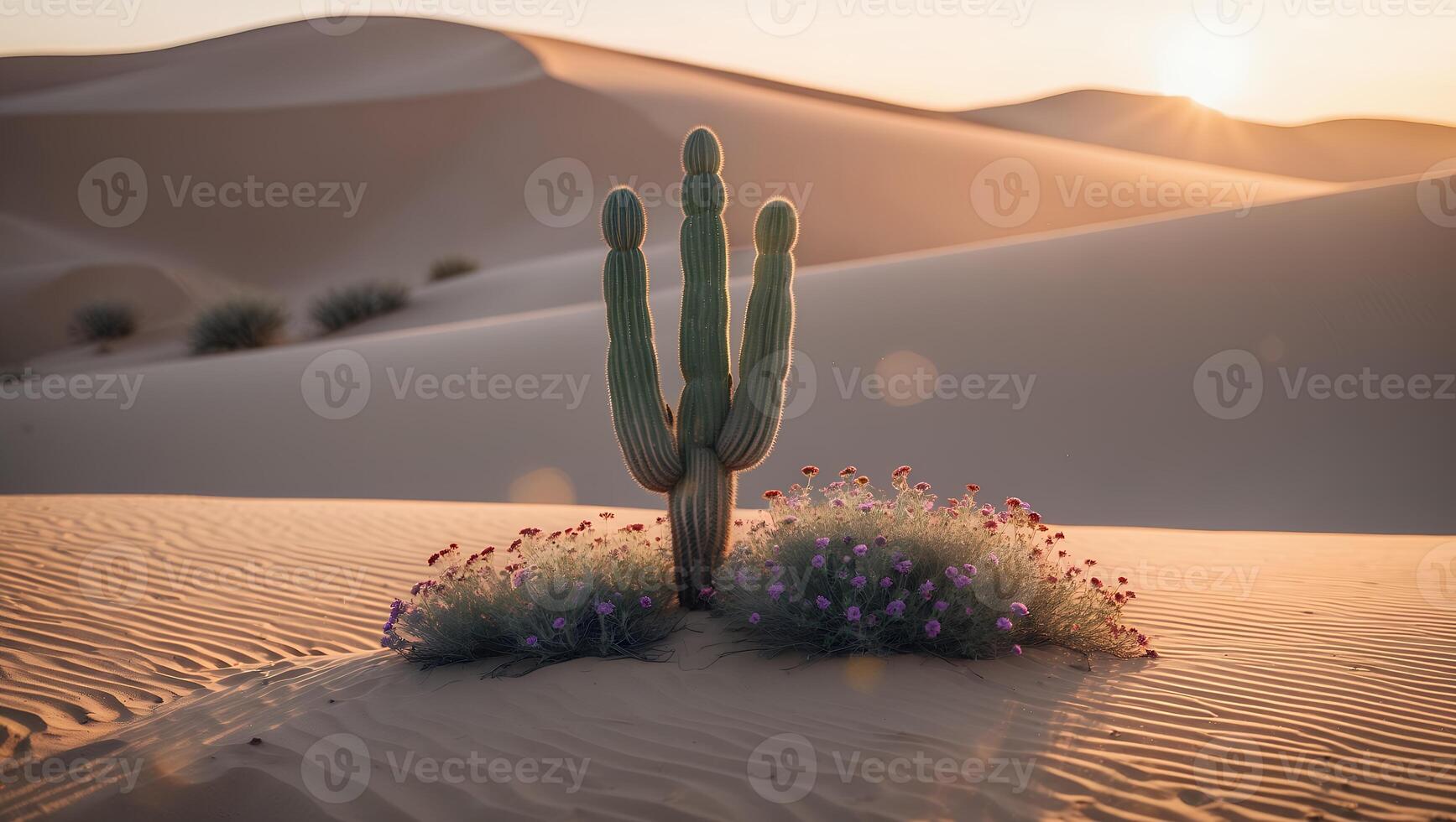 Saguaro Cactus in Desert Landscape at Sunset with Purple Wildflowers photo