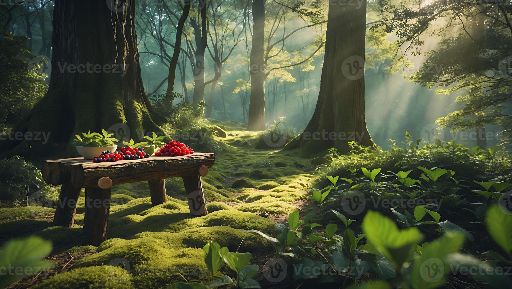 Forest Bench Displaying Fresh Berries in Green Woods with Sunlight photo