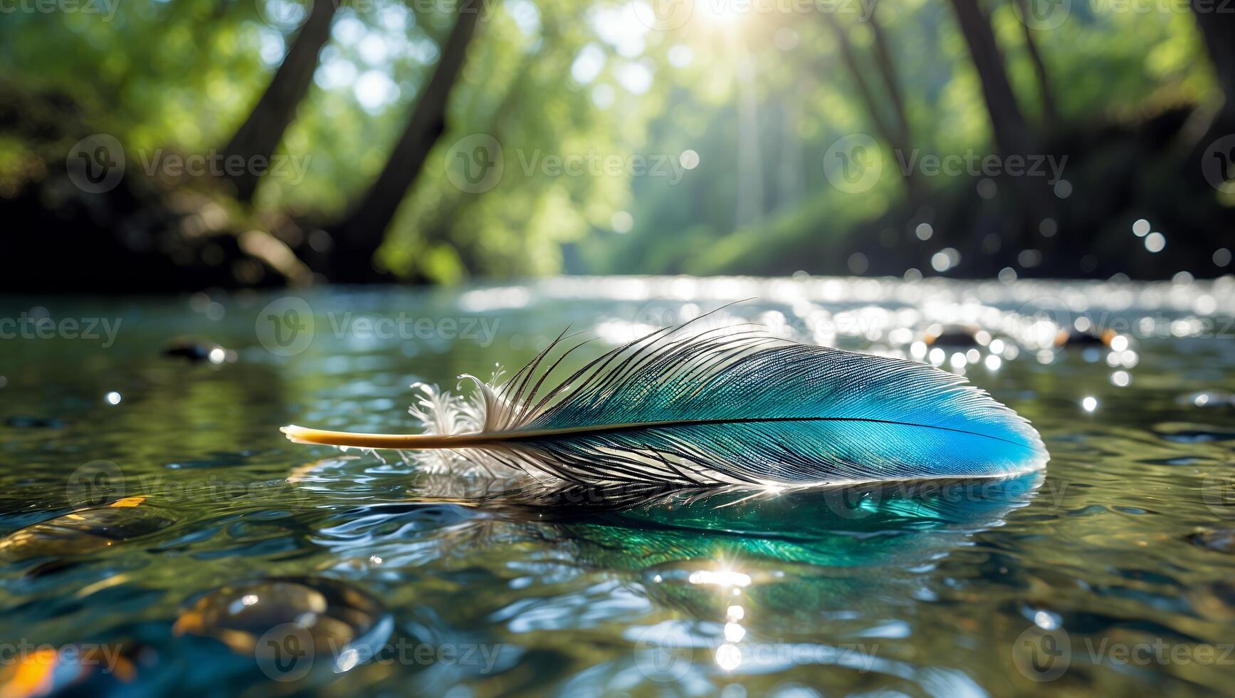 Feather Floating Gently on River Water with Sunny Forest Background photo