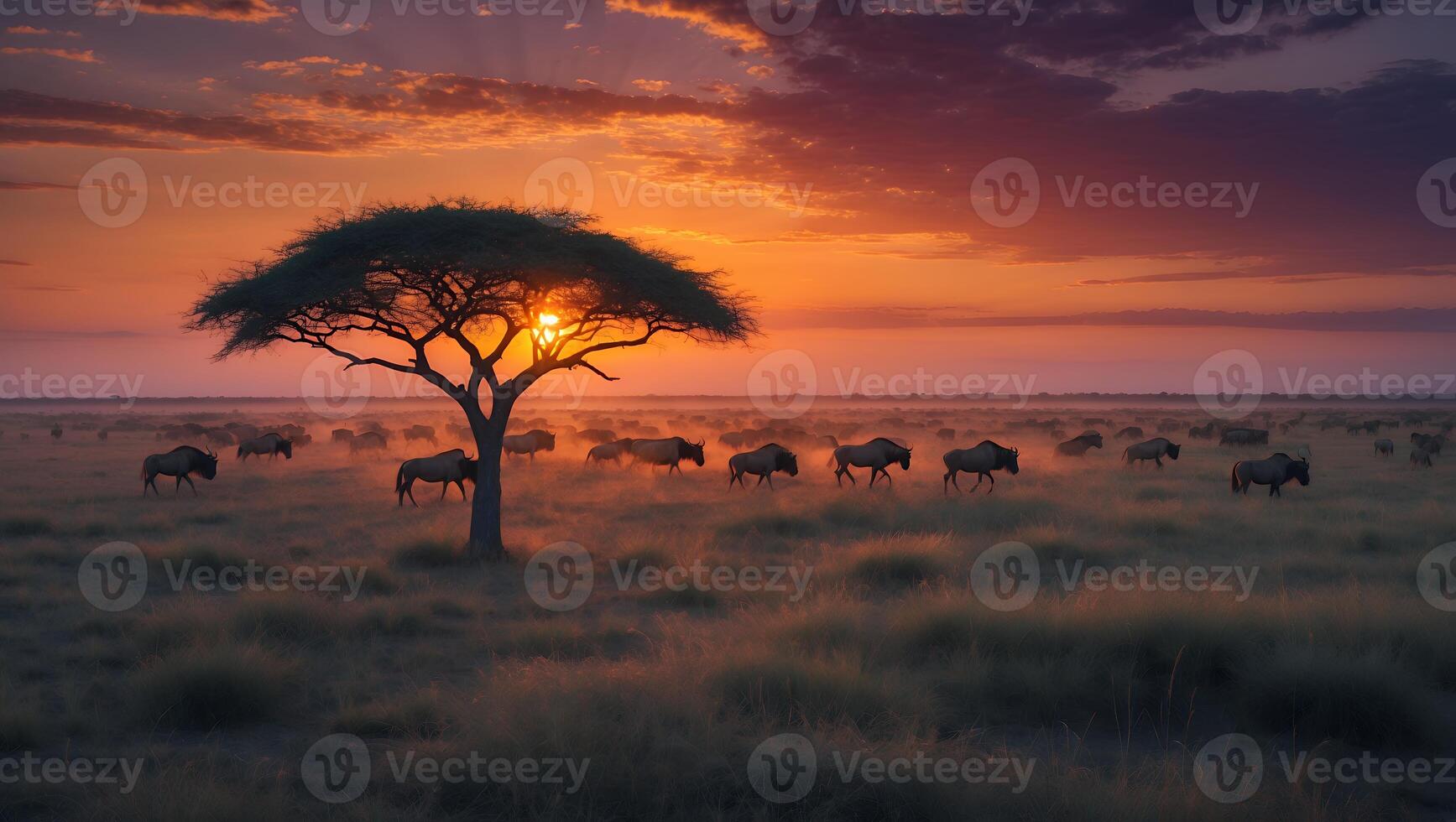 Animals Migrating on Grassy Savanna at Sunset Near Silhouette Tree photo