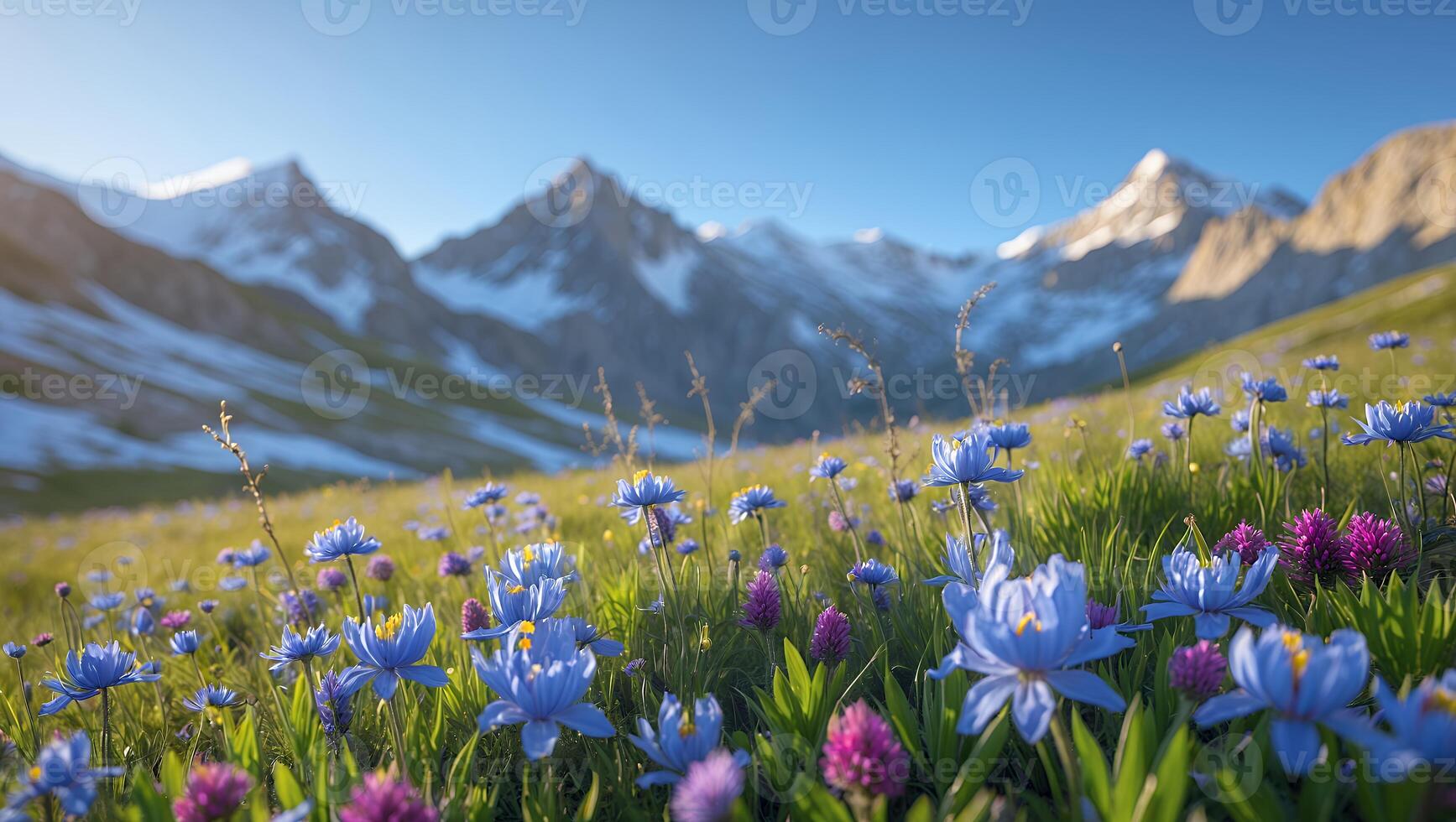 Blooming Wildflowers with Snow Capped Mountains Background Under Clear Sky photo