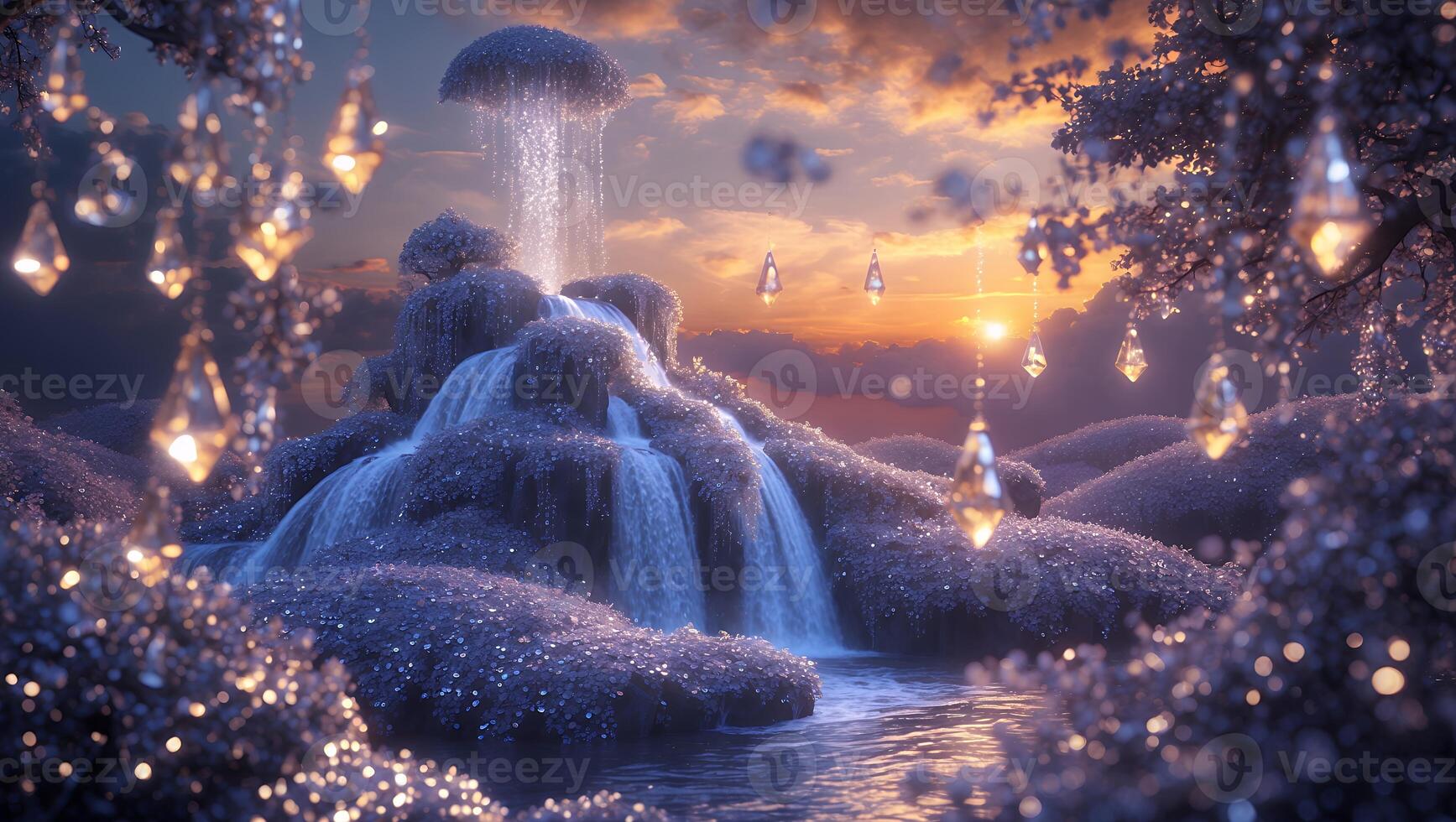 Enchanting Waterfall Landscape with Sparkling Crystals and Twilight Sky photo