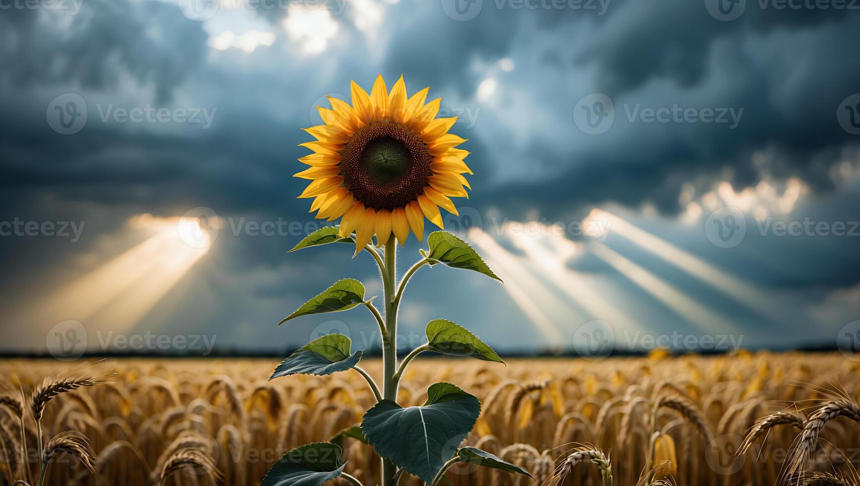 Sunflower Stands Tall in Grain Field Against a Dramatic Sky photo