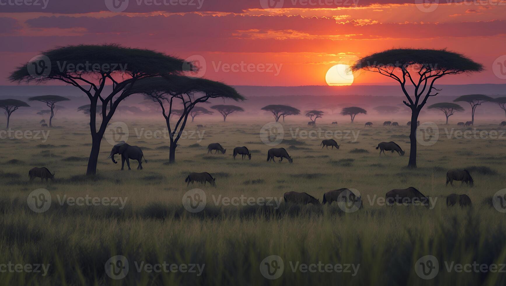 African Savannah Landscape at Sunset with Animals Grazing in Field photo