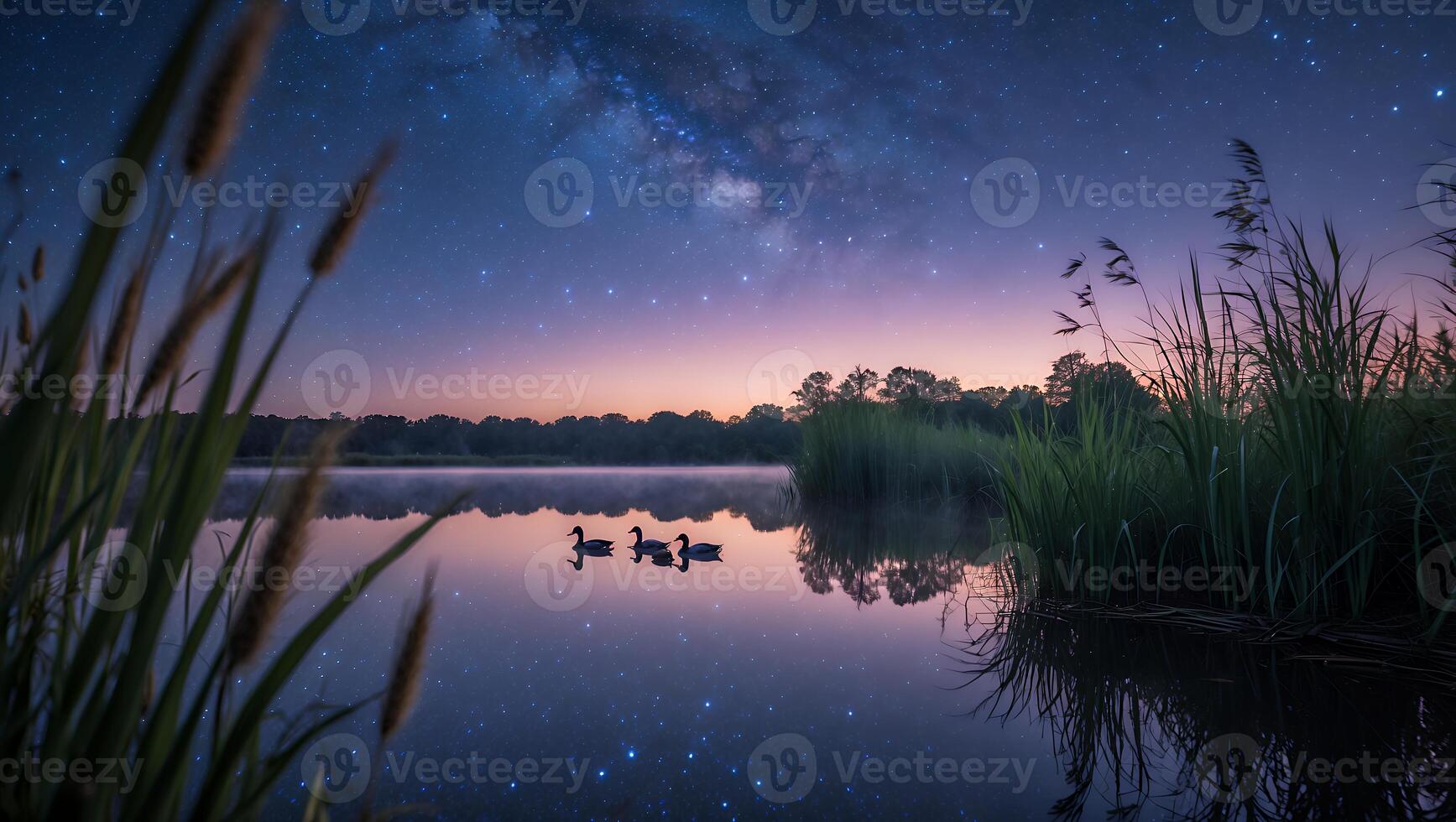 Ducks Swimming on Reflective Lake Under Starry Night Sky Landscape photo