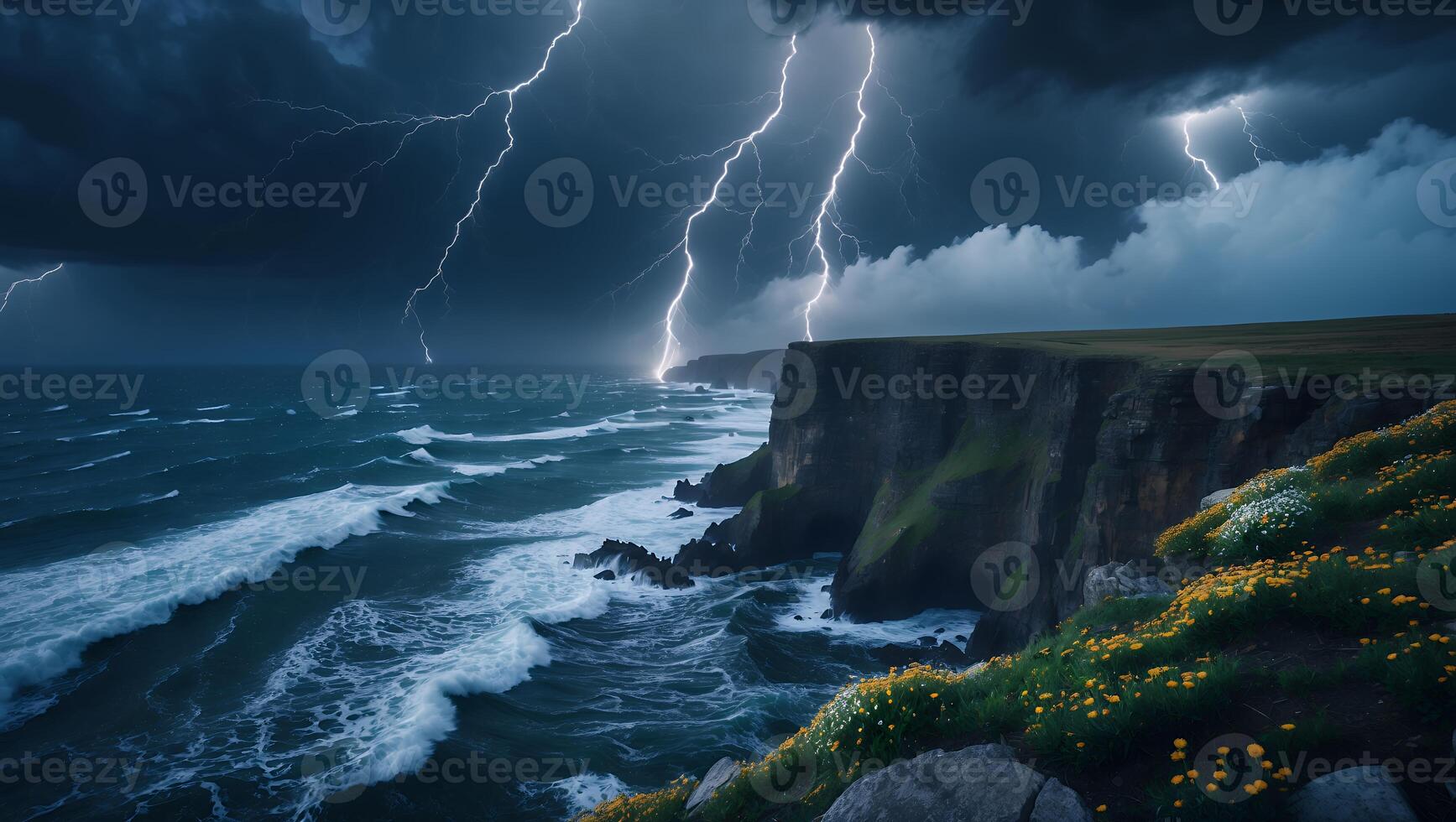 Lightning Strikes Over Ocean Cliffs with Waves and Dramatic Sky photo