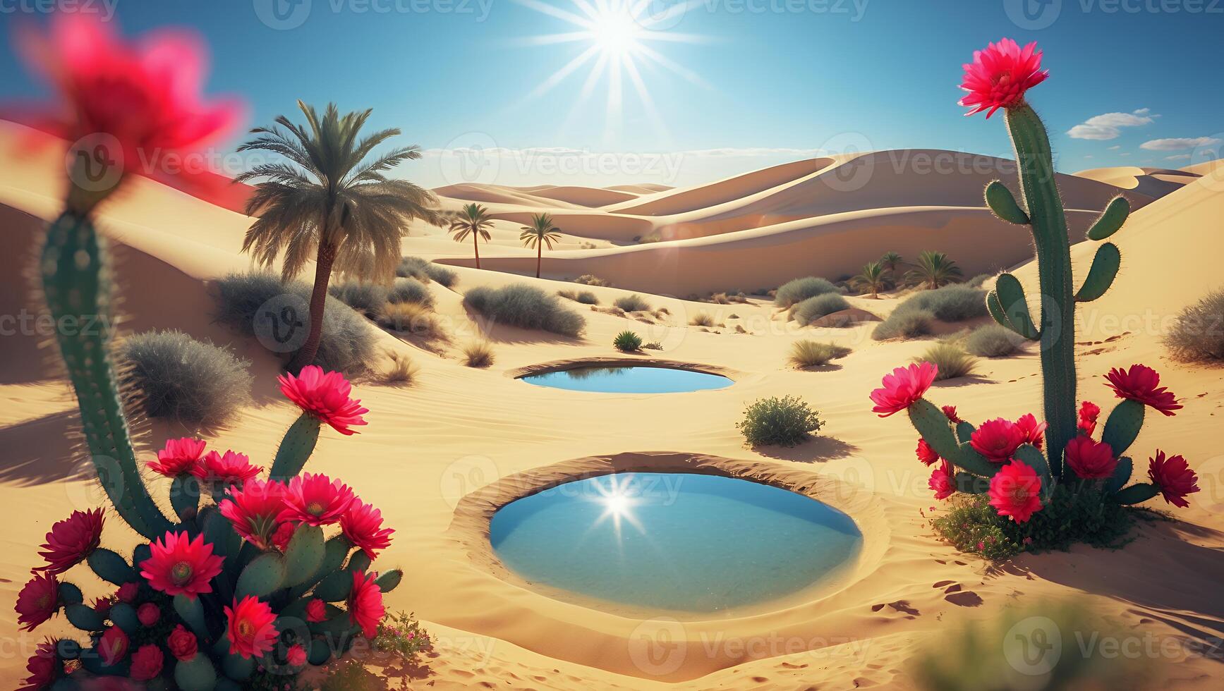 Desert Oasis Featuring Cactus Flowers and Calm Water Pools Under Sunlight photo