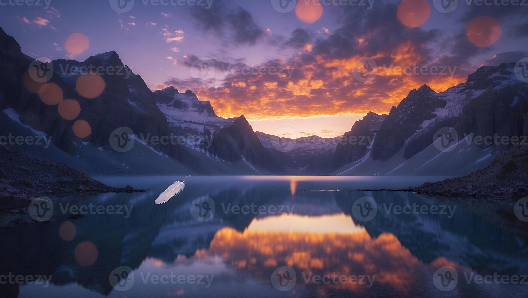 Reflecting Mountain Lake with Feather and Orange Sunset Cloudscape photo