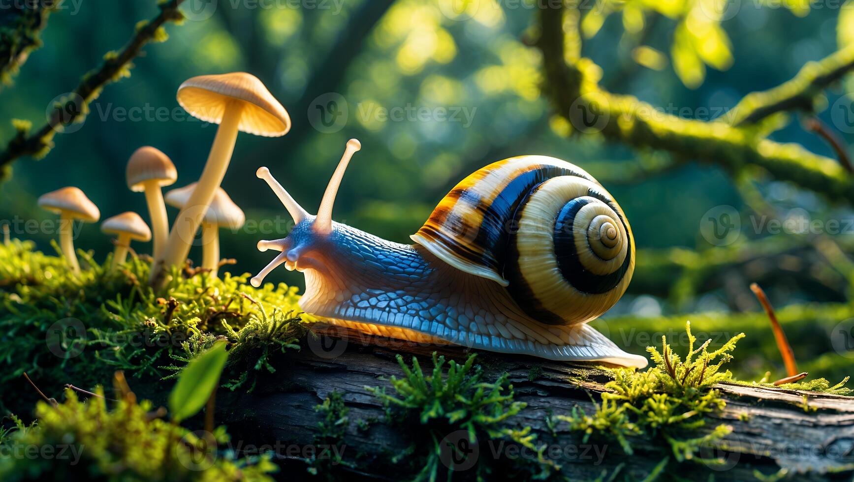 Snail Crawling on Log Surrounded by Mushrooms in Forest Scene photo