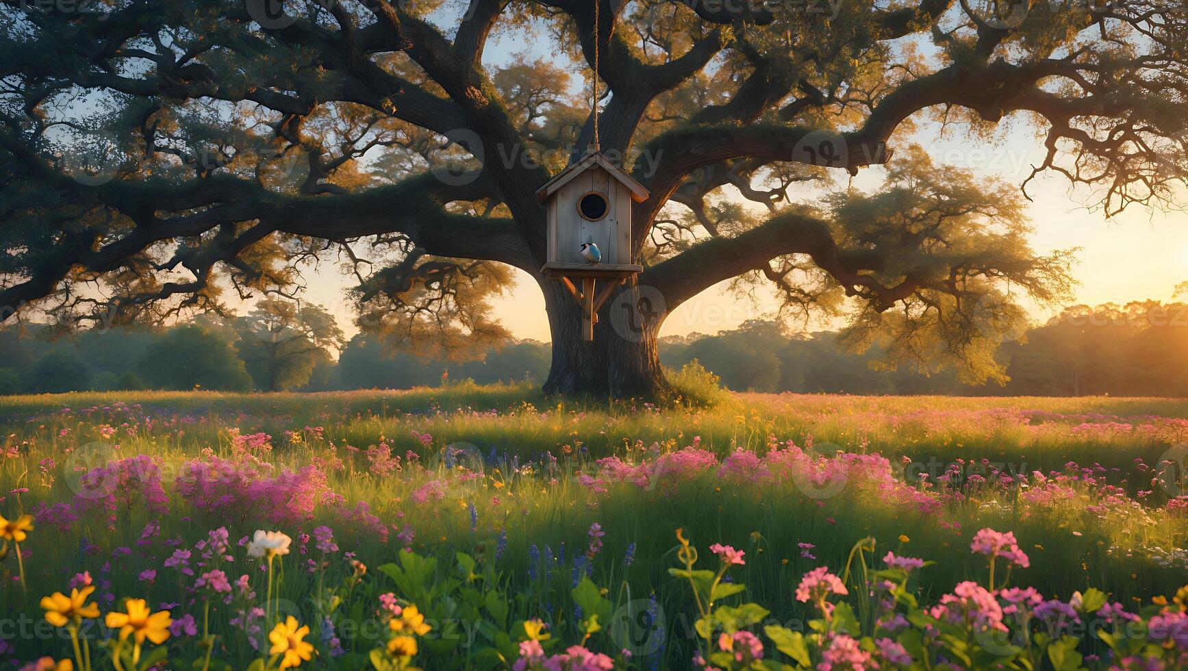 Large Tree with Birdhouse Standing in a Flower Field at Sunset photo