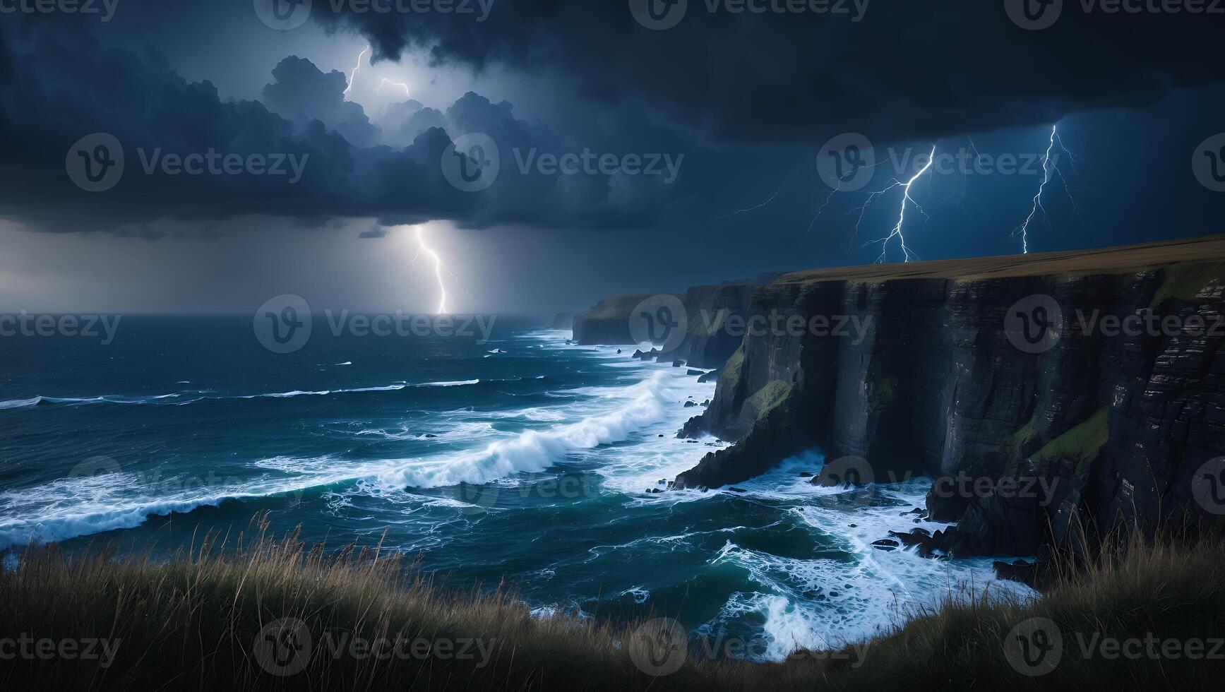 Dramatic Seascape with Cliffs, Lightning Storm and Crashing Ocean Waves photo