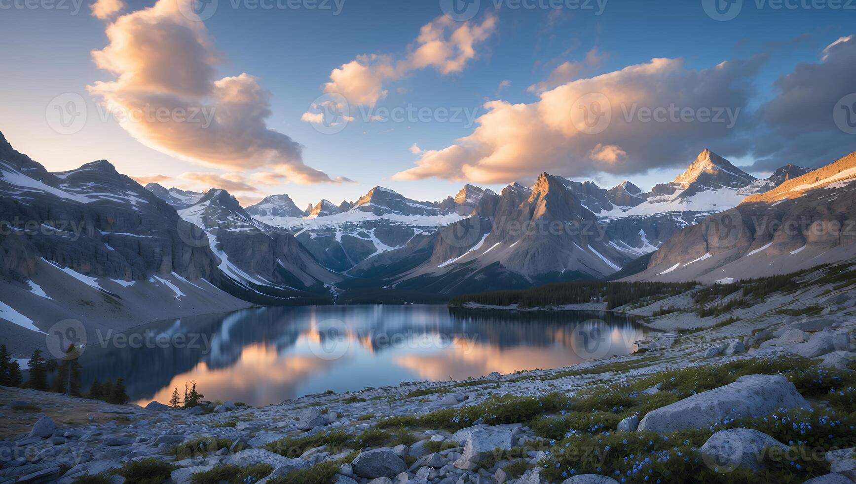 Calm Mountain Lake Reflecting Clouds and Peaks at Sunrise Landscape photo