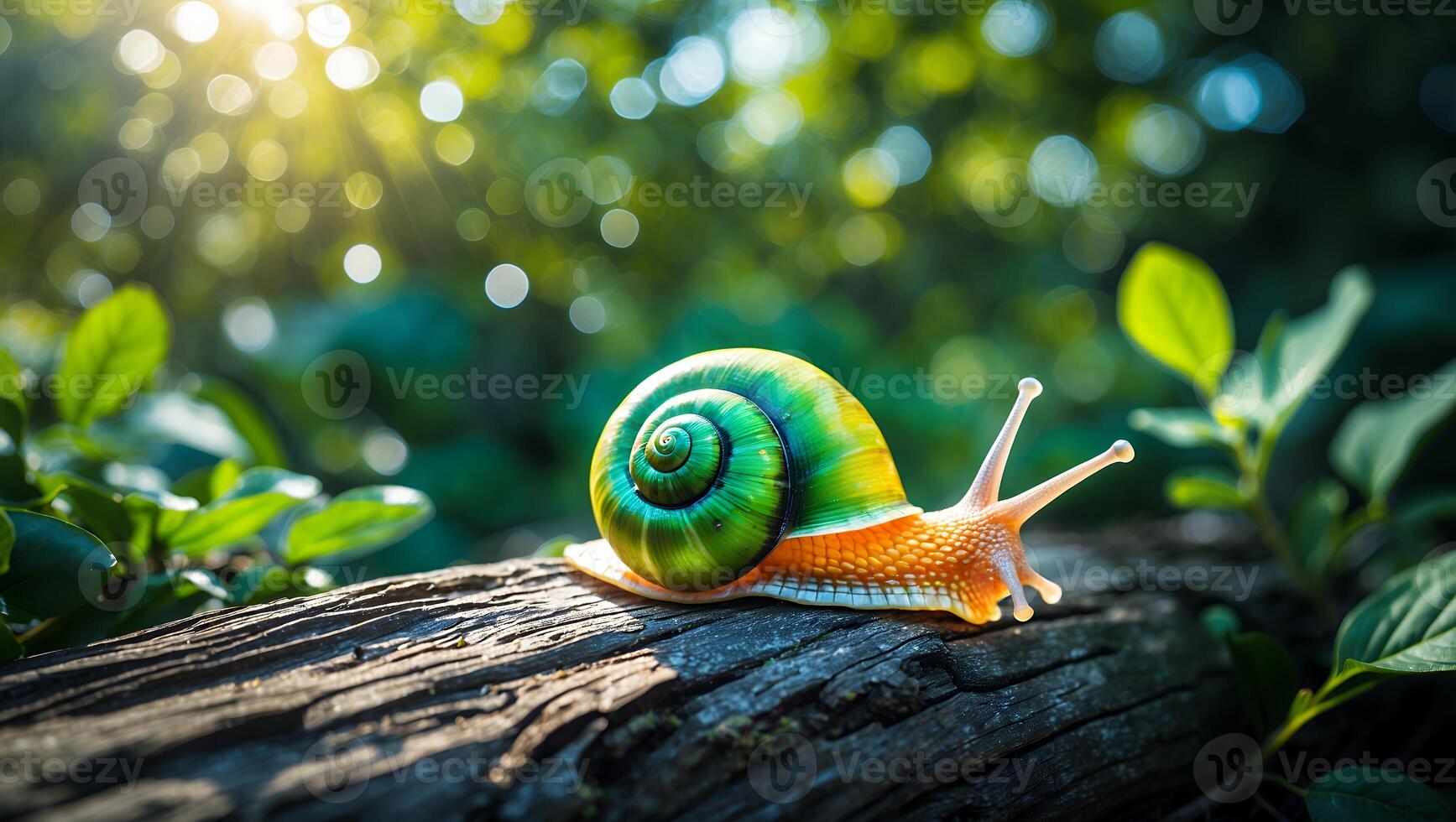 Snail Crawling on Log in Forest with Sunlight and Greenery photo