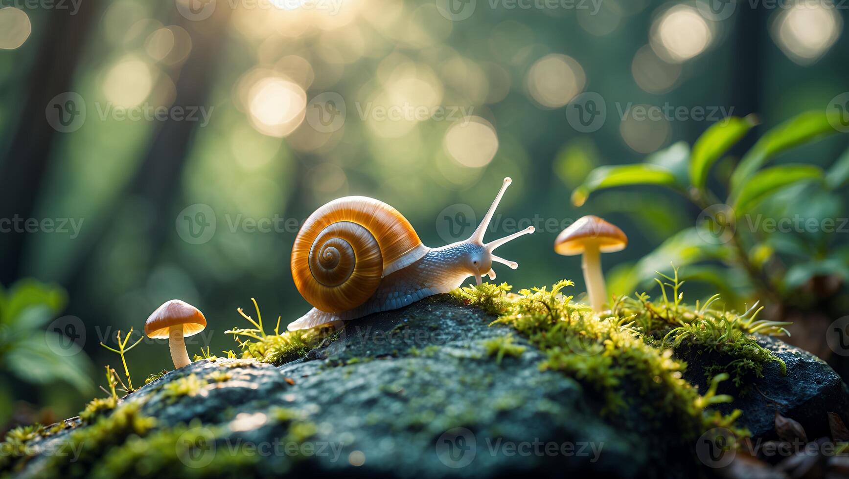 Snail Crawling on Mossy Rock with Mushroom in Forest Setting photo