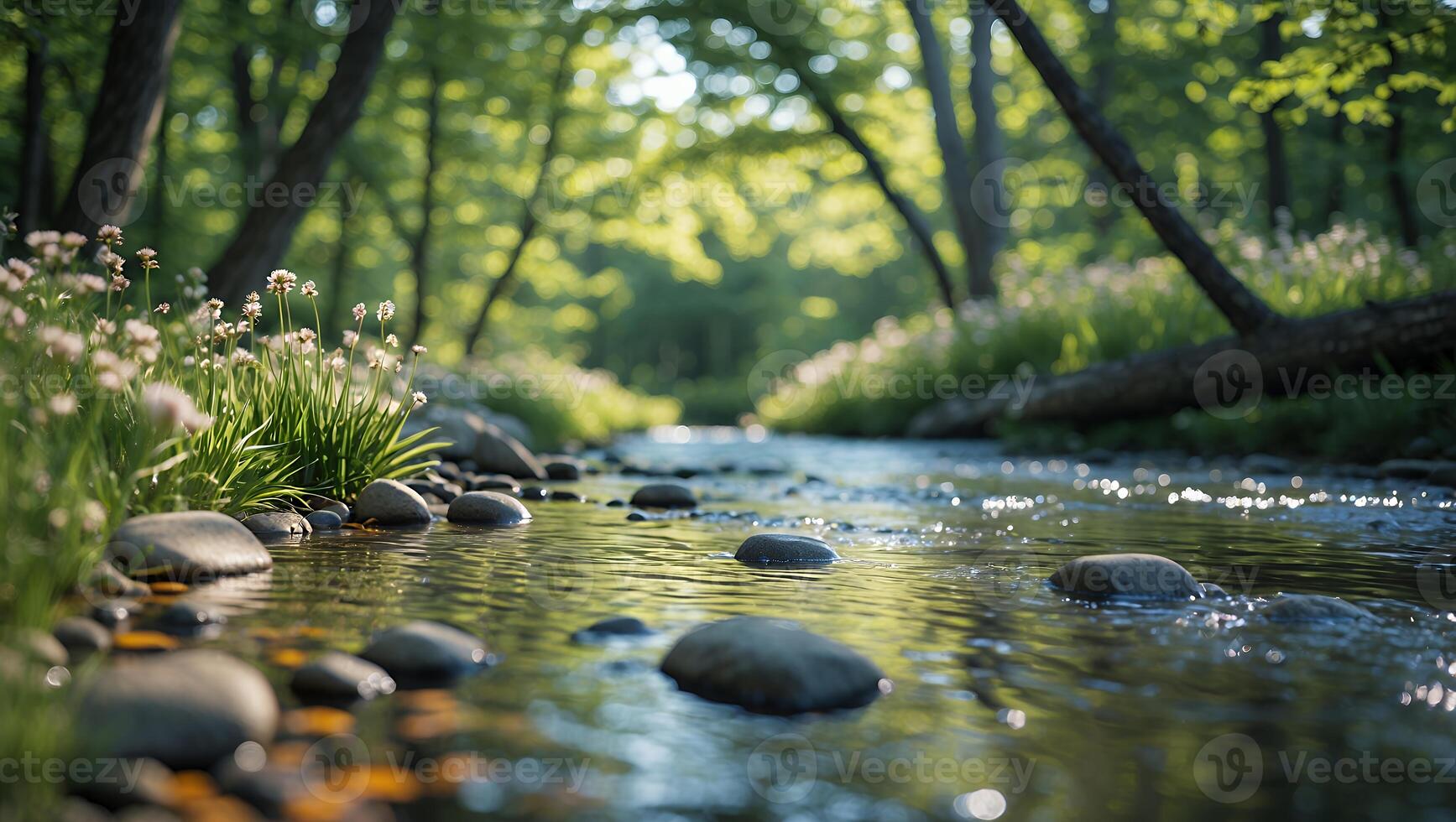 Flowing Stream Through Forest with Rocks and Wildflowers Scenery photo