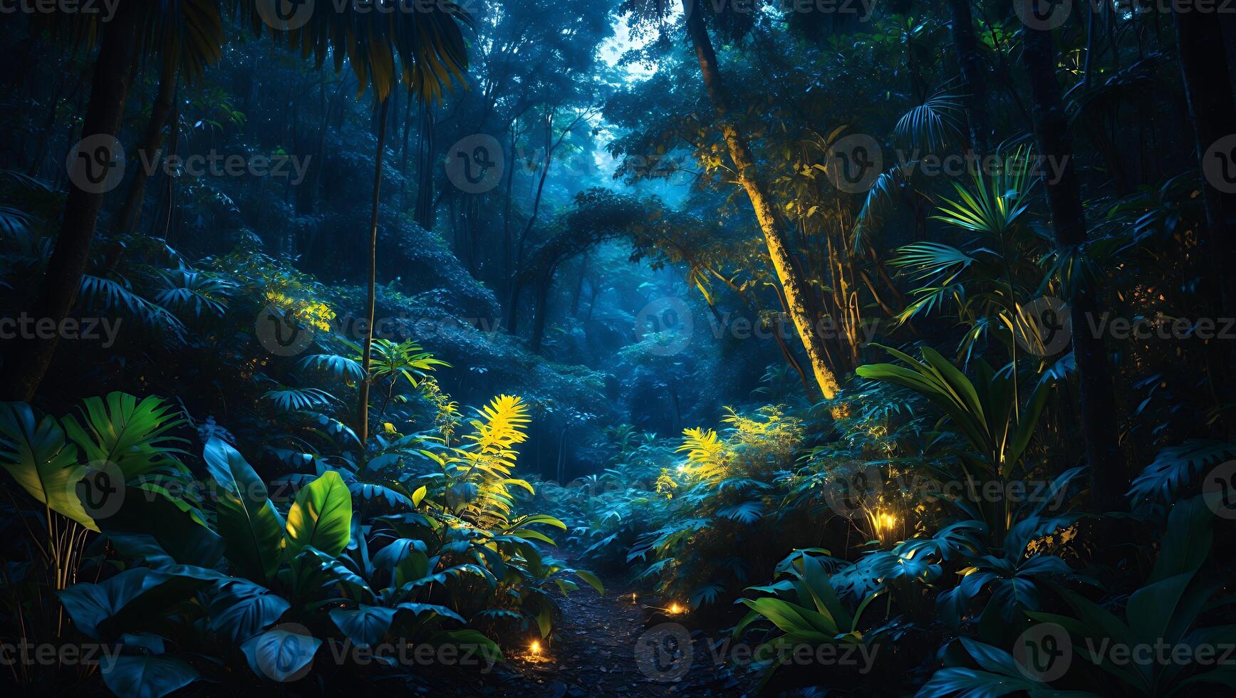 Walking Path Through Tropical Forest with Lush Greenery at Twilight photo