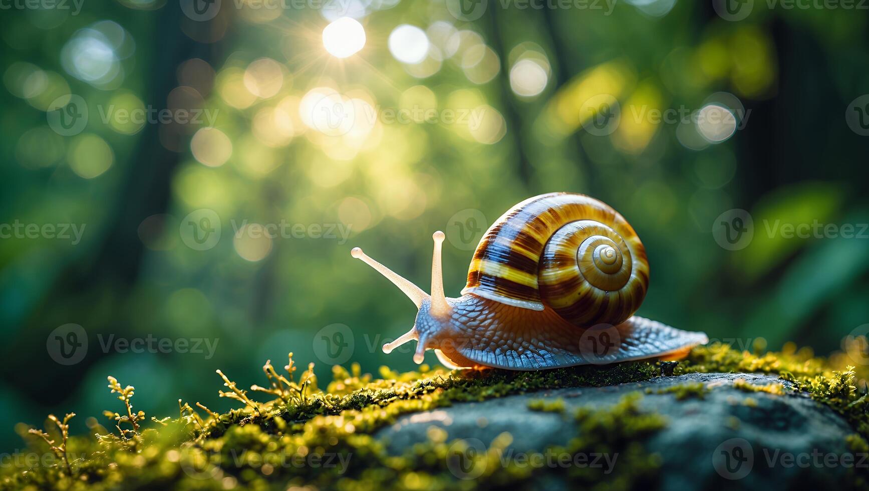Snail Crawling on Mossy Rock in a Forest with Sunlight photo