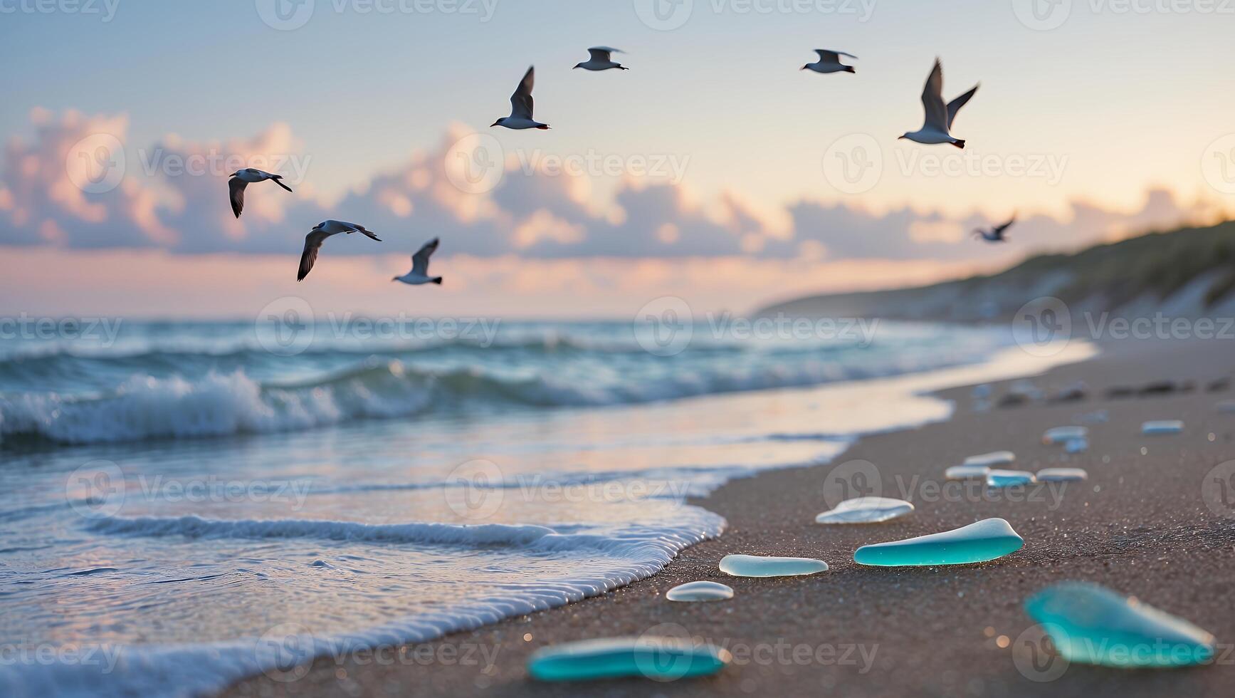 Seagulls Fly Over Beach with Sea Glass at Colorful Sunset photo