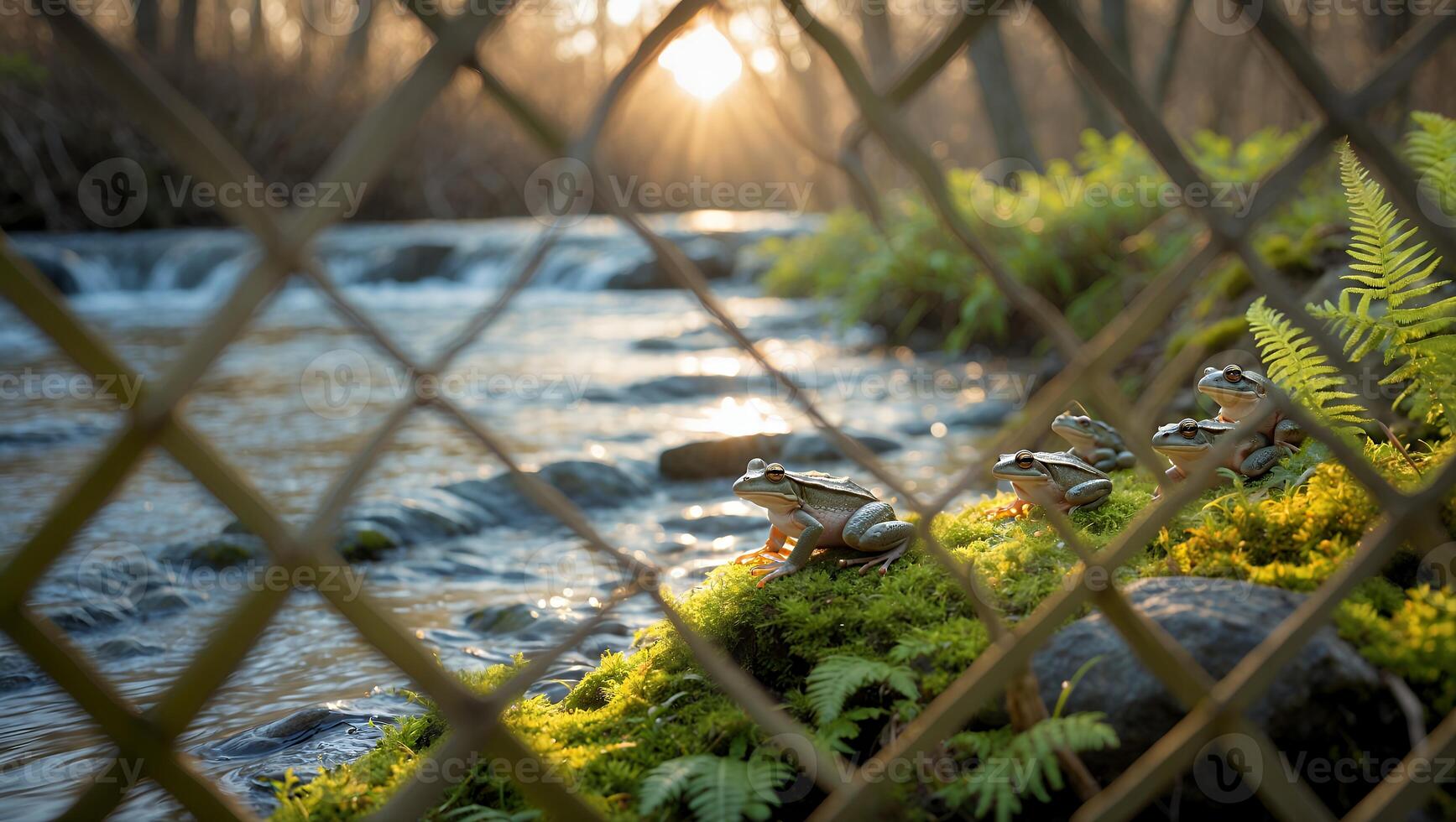 Frogs on Mossy Rock by Stream Glimpse Through Woven Fence photo