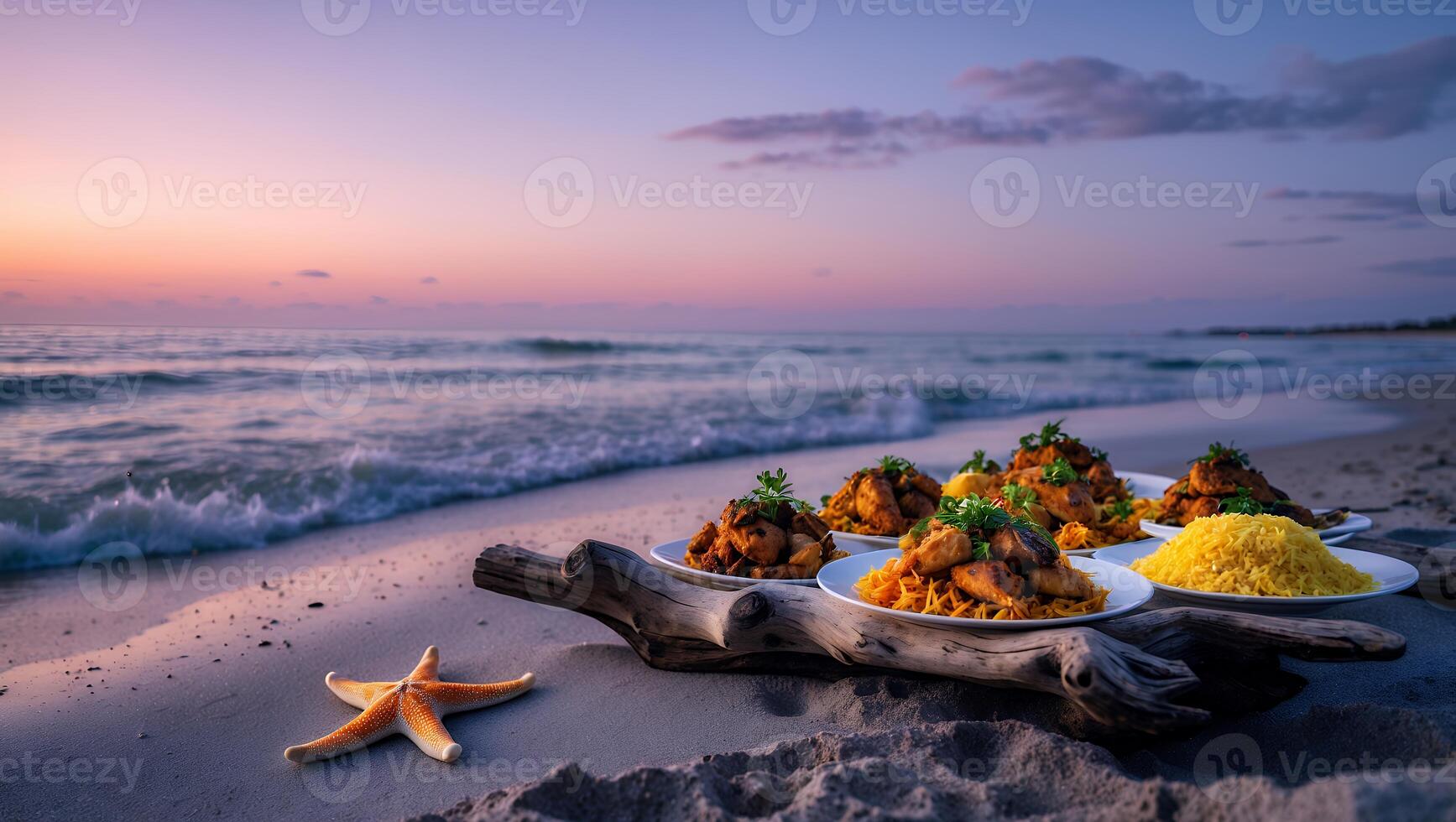 Gourmet Food Plates on Beach at Sunset with Starfish Decor photo