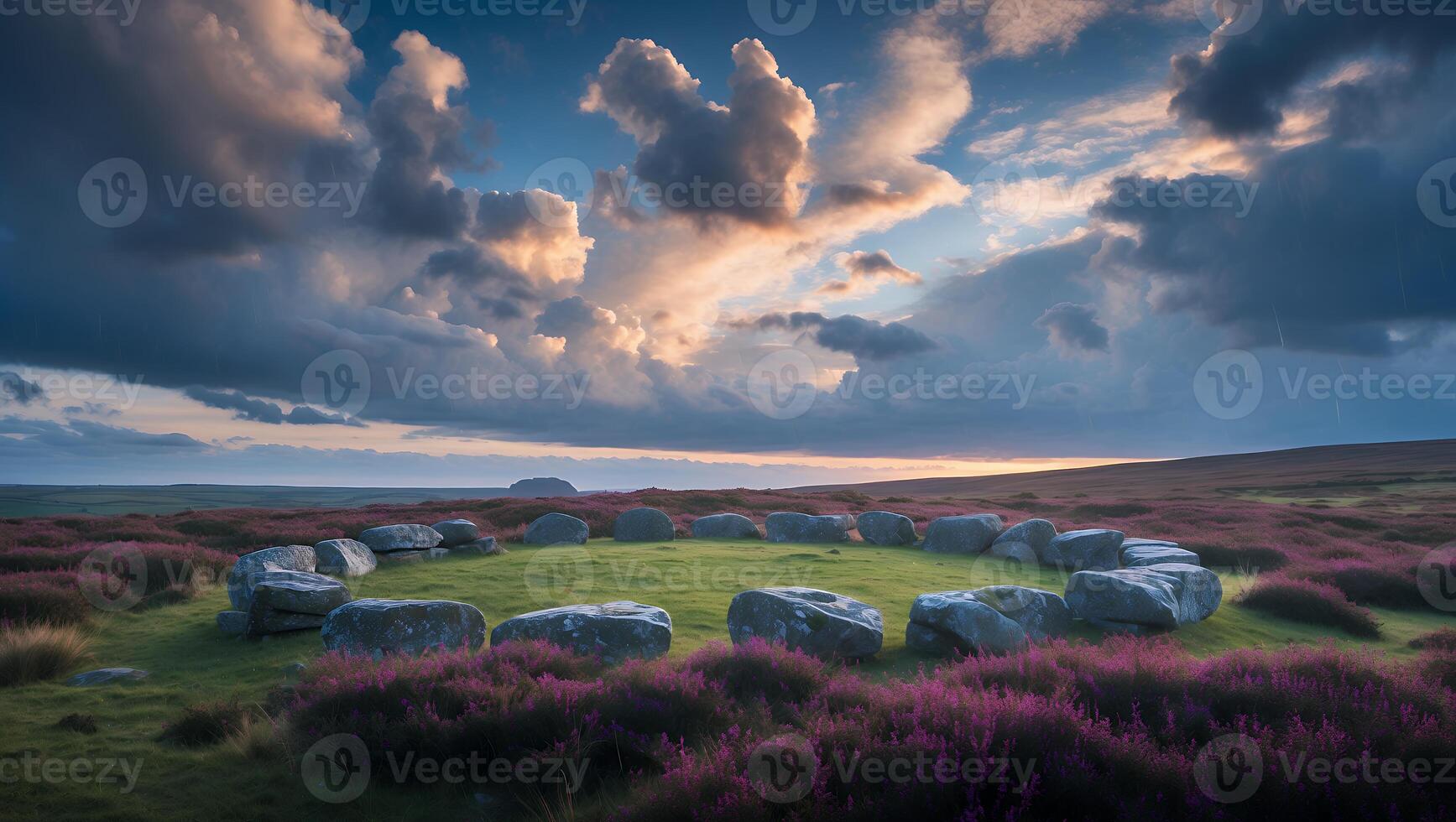 Ancient Stone Circle and Heather Field Under Dramatic Cloudy Sky photo