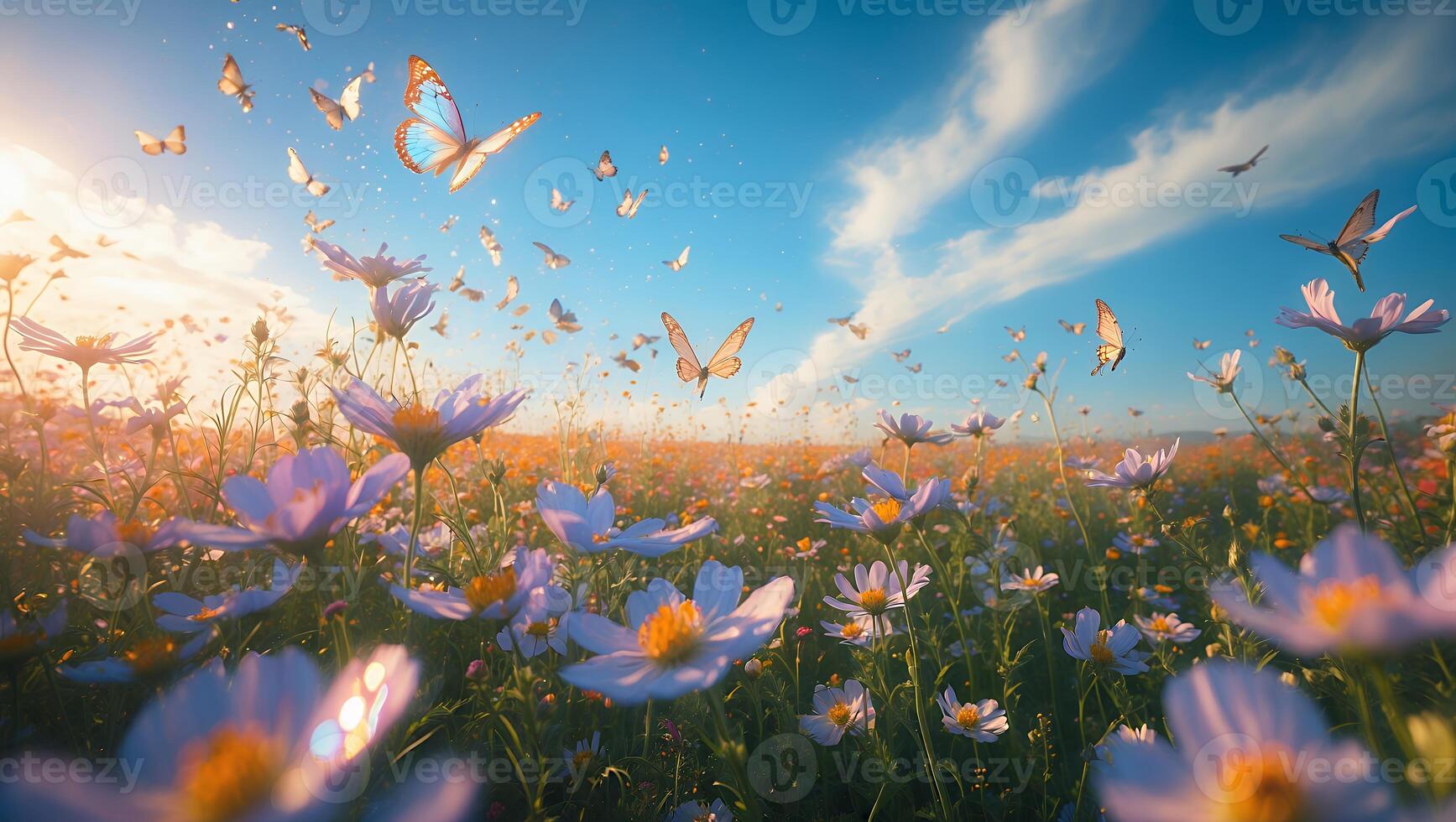Flying Butterflies in Field of Flowers with a Bright Blue Sky photo