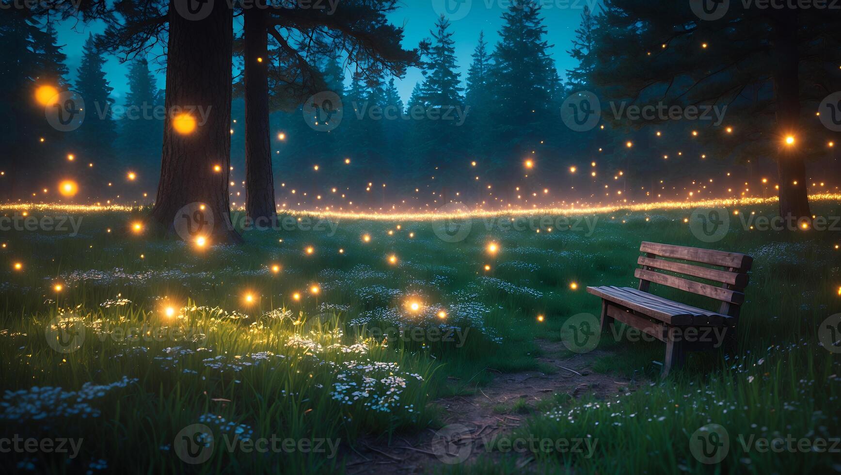 Bench in Magical Forest Glade with Fireflies at Twilight photo