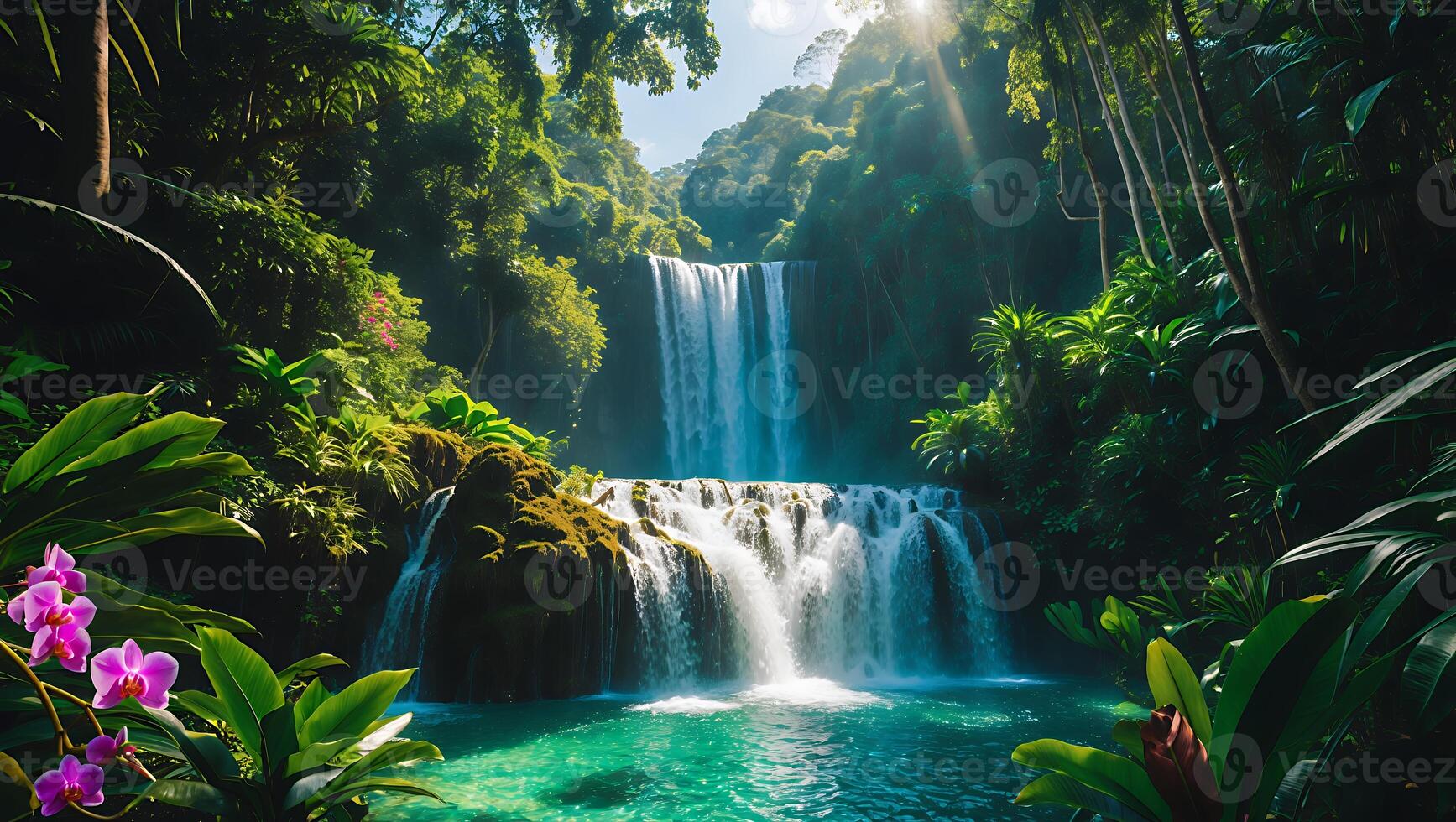 Majestic Waterfall Cascading Through Lush Green Jungle Paradise Scene photo