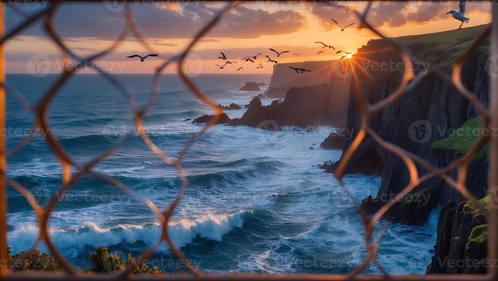 Ocean Cliffs View at Sunset Through Fence with Birds Flying photo