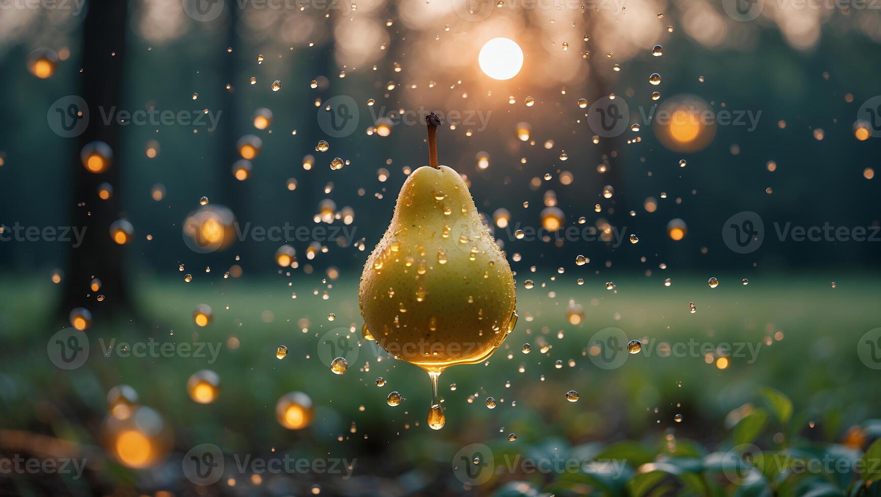 Ripe Pear Floating with Splashing Water Droplets in Forest Setting photo