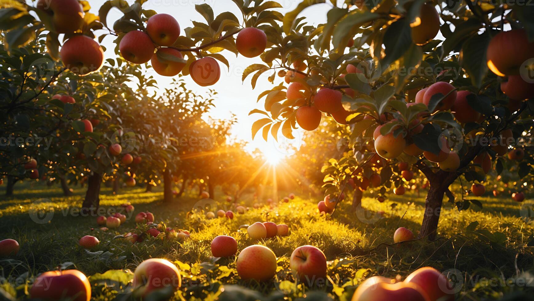 Apple Orchard at Sunset with Fruit Laden Trees and Golden Light photo