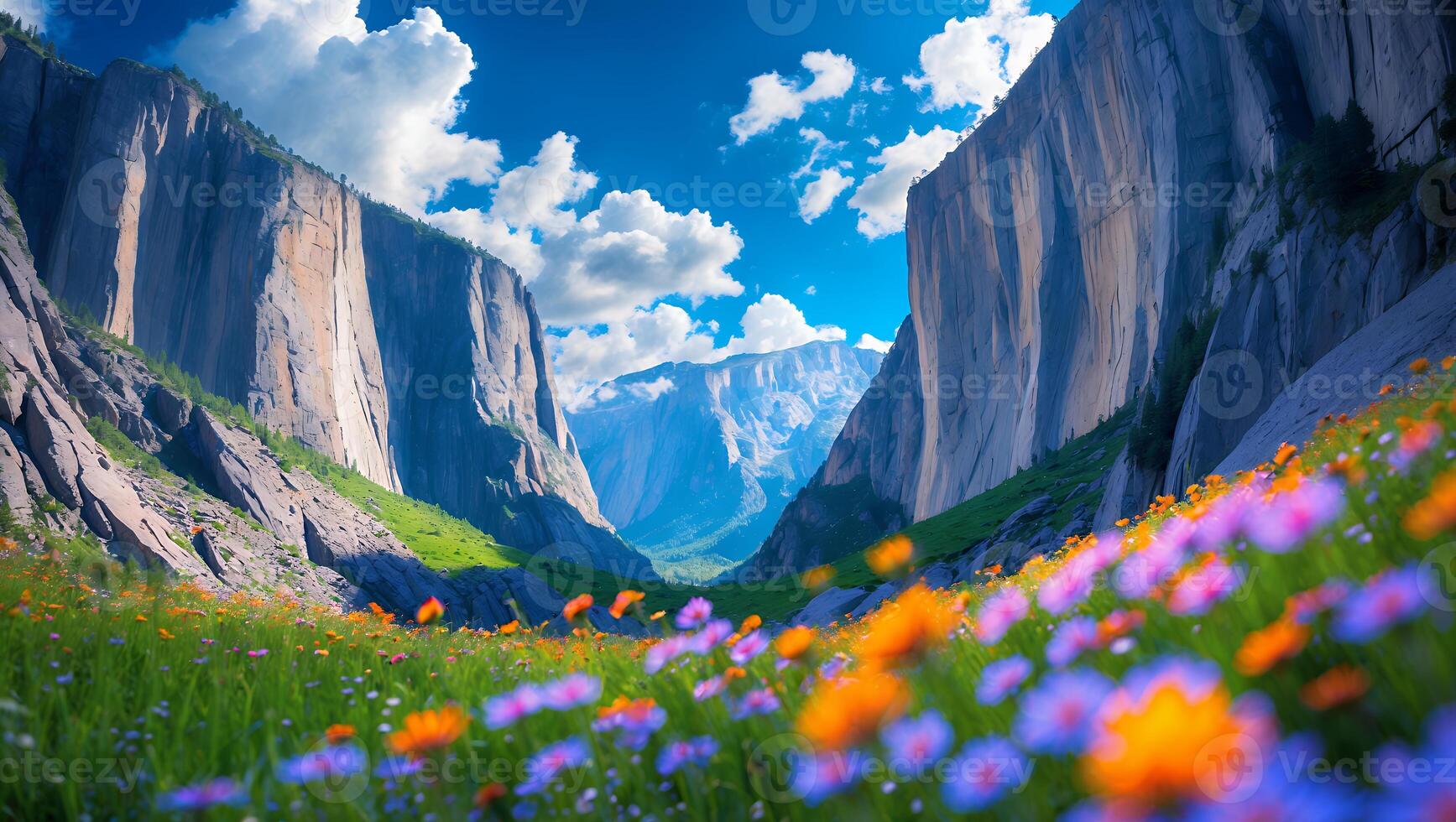 Vibrant Meadow with Rock Cliffs and Distant Mountains on Sunny Day photo